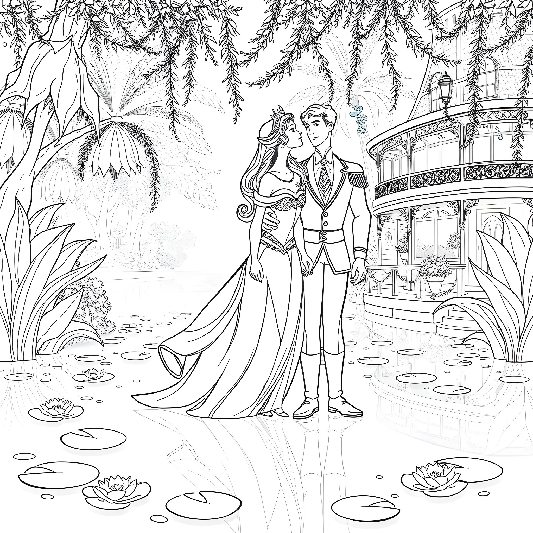 Tiana and her prince enjoy a romantic moment in the garden Coloring Page (free black-and-white line drawing printable PDF for all, from beginners to advanced learners, including children, teens, adults, and seniors)