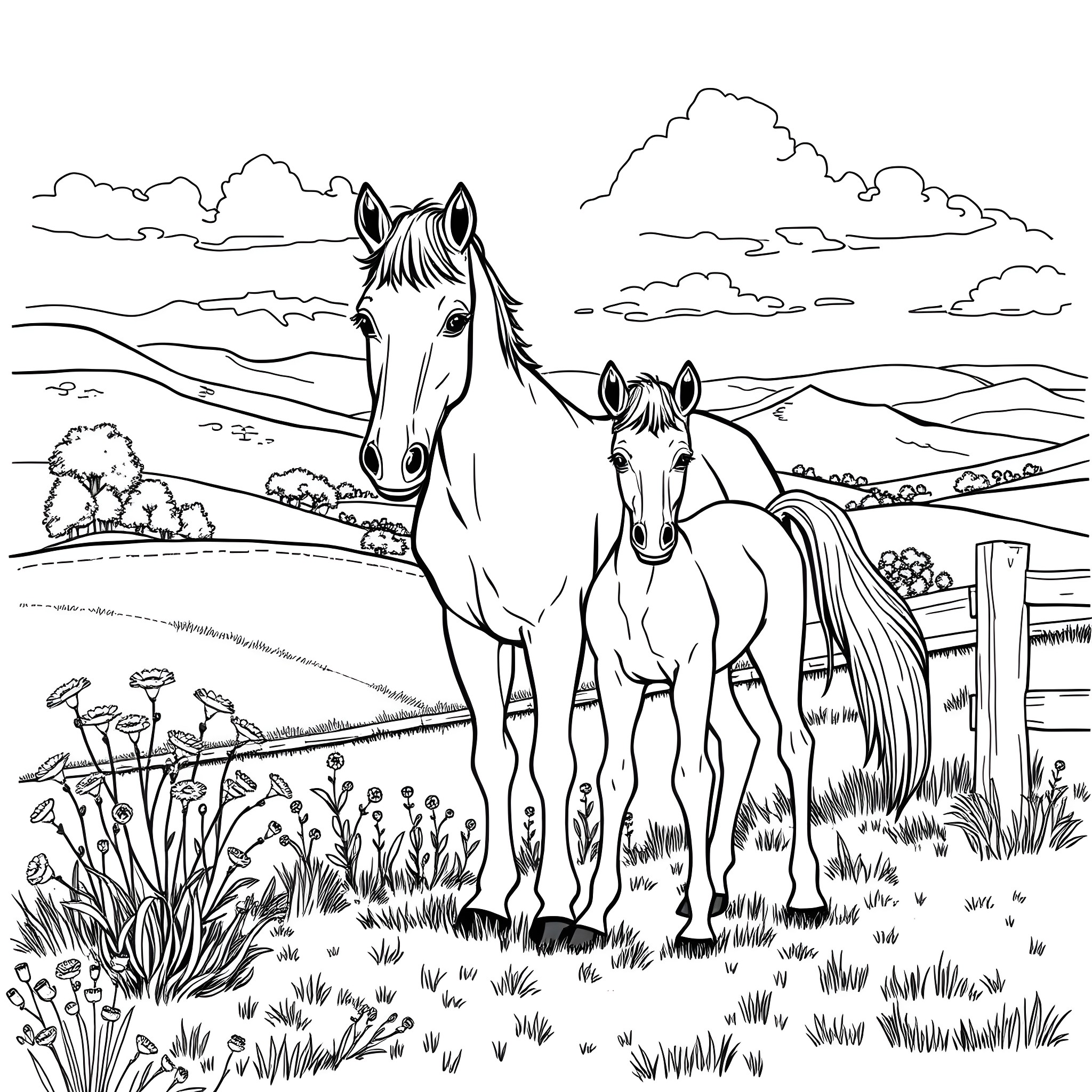 Horses grazing in a peaceful countryside scene Coloring Page (free black-and-white line drawing printable PDF for all, from beginners to advanced learners, including children, teens, adults, and seniors)