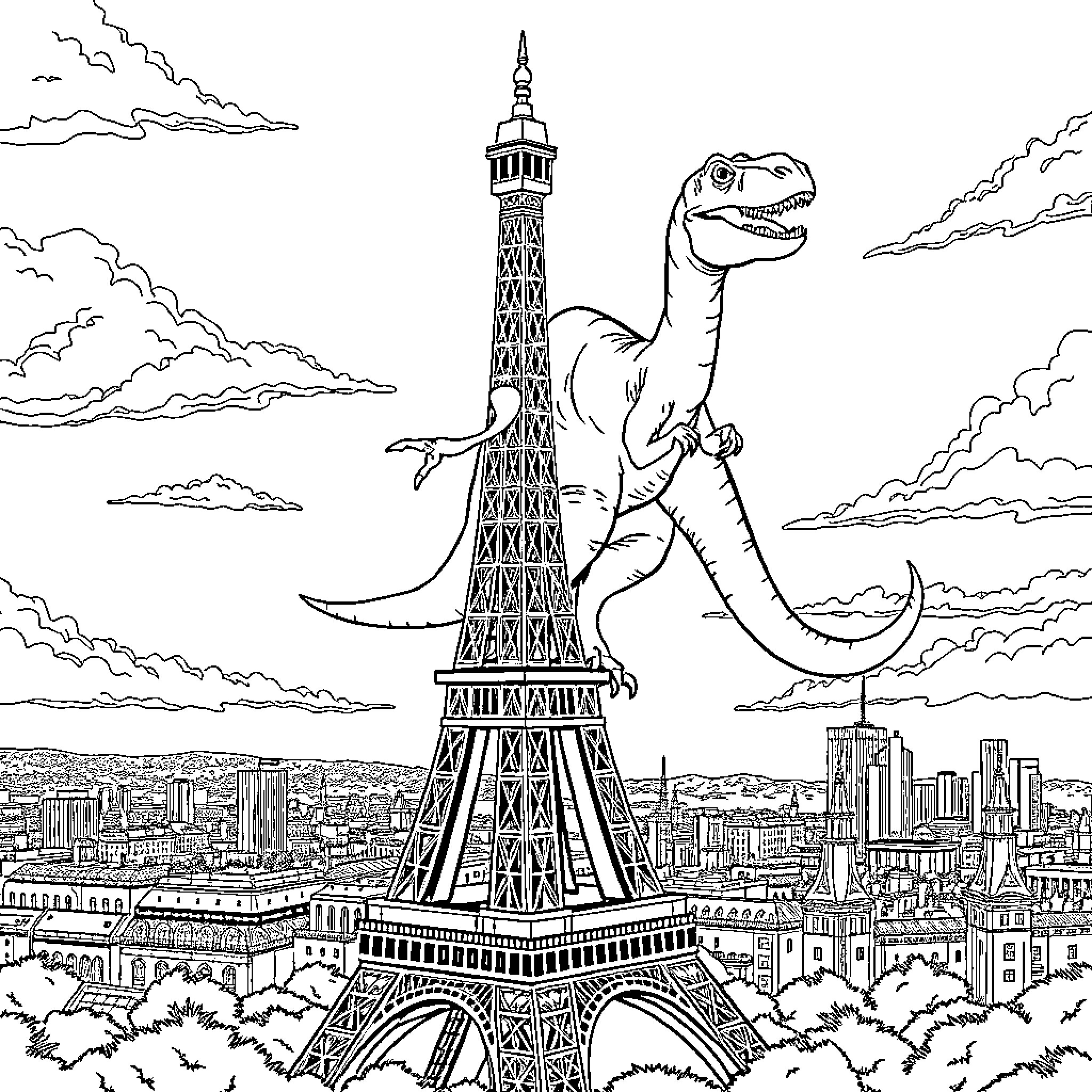 Dinosaur towering over Eiffel Tower in cityscape Coloring Page (free black-and-white line drawing printable PDF for all, from beginners to advanced learners, including children, teens, adults, and seniors)