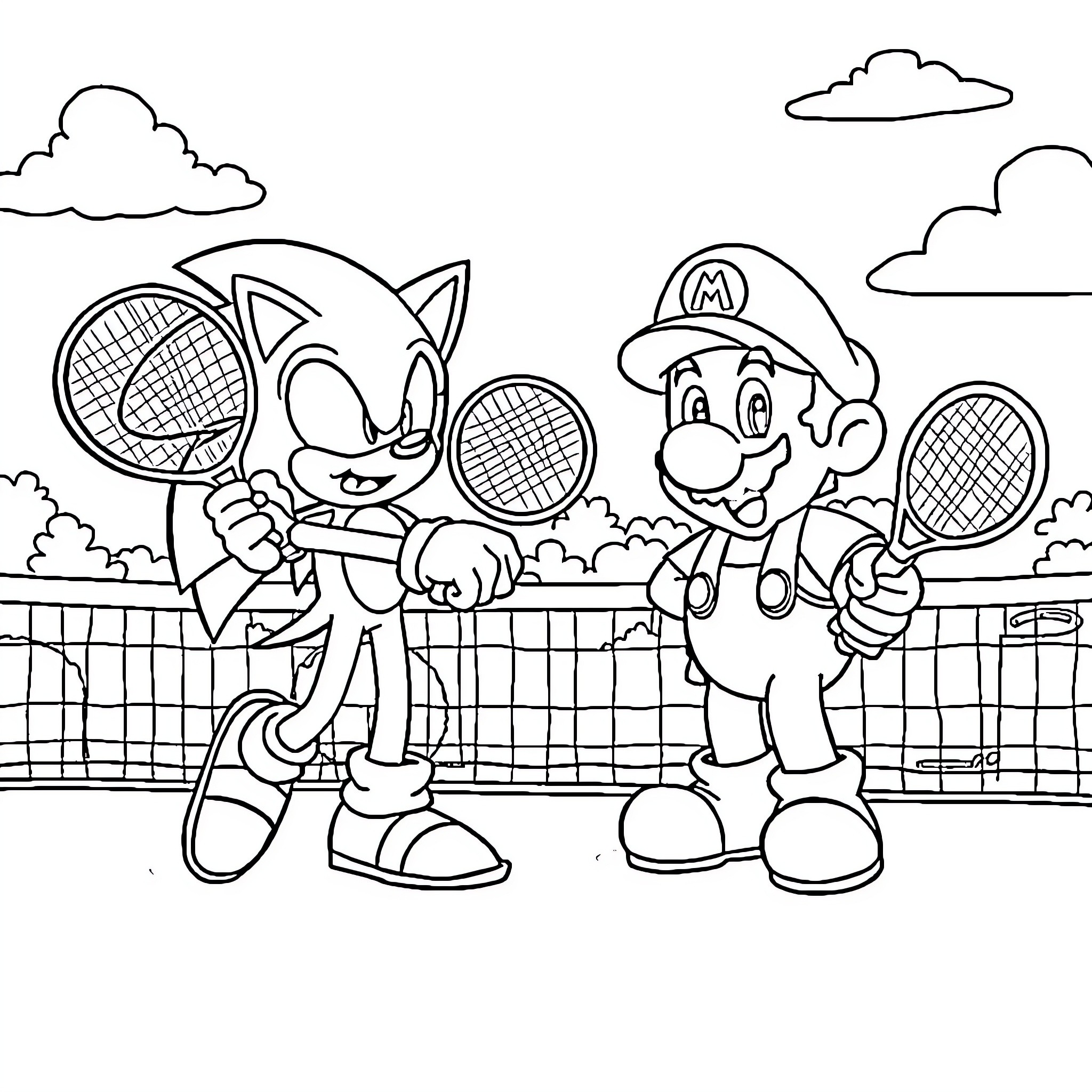 Sonic and Mario playing tennis together on the court Coloring Page (free black-and-white line drawing printable PDF for all, from beginners to advanced learners, including children, teens, adults, and seniors)