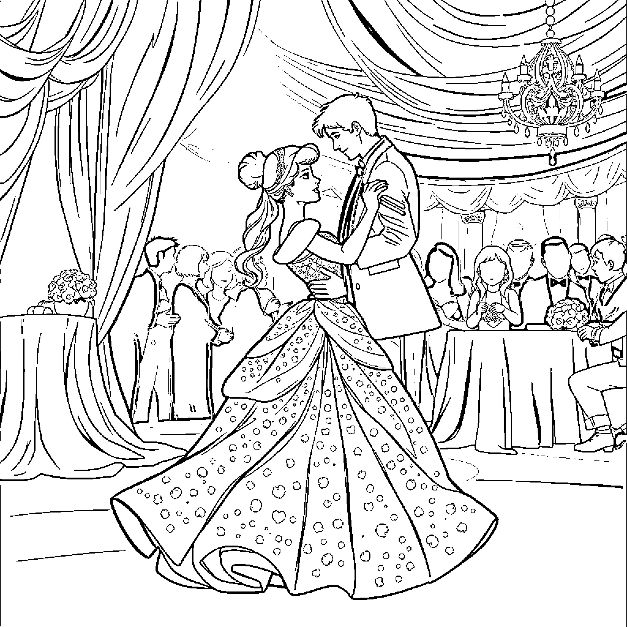 Cinderella's Magical Ball Celebration Coloring Page (free black-and-white line drawing printable PDF for all, from beginners to advanced learners, including children, teens, adults, and seniors)