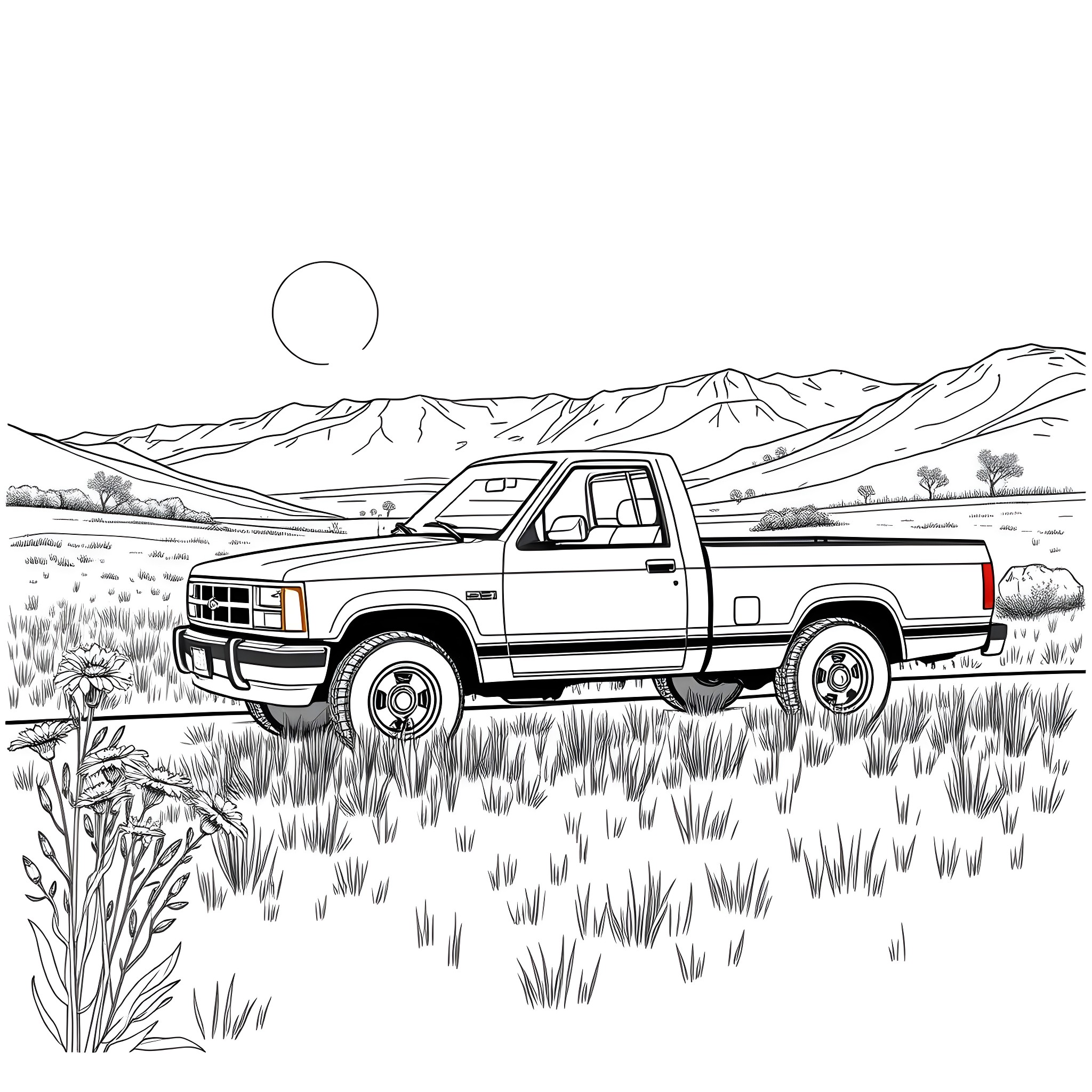Pickup truck on a scenic mountain road Coloring Page (free black-and-white line drawing printable PDF for all, from beginners to advanced learners, including children, teens, adults, and seniors)