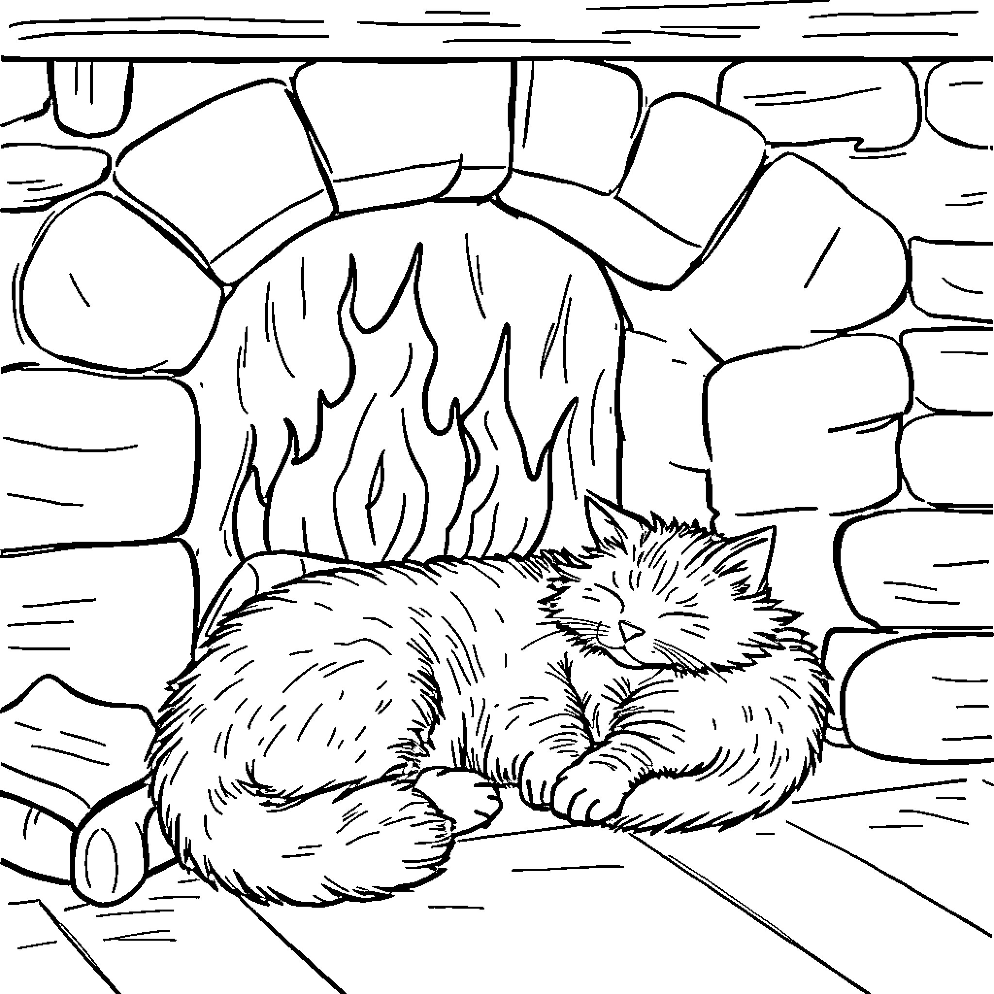 Cat napping cozily by the fireplace Coloring Page (free black-and-white line drawing printable PDF for all, from beginners to advanced learners, including children, teens, adults, and seniors)