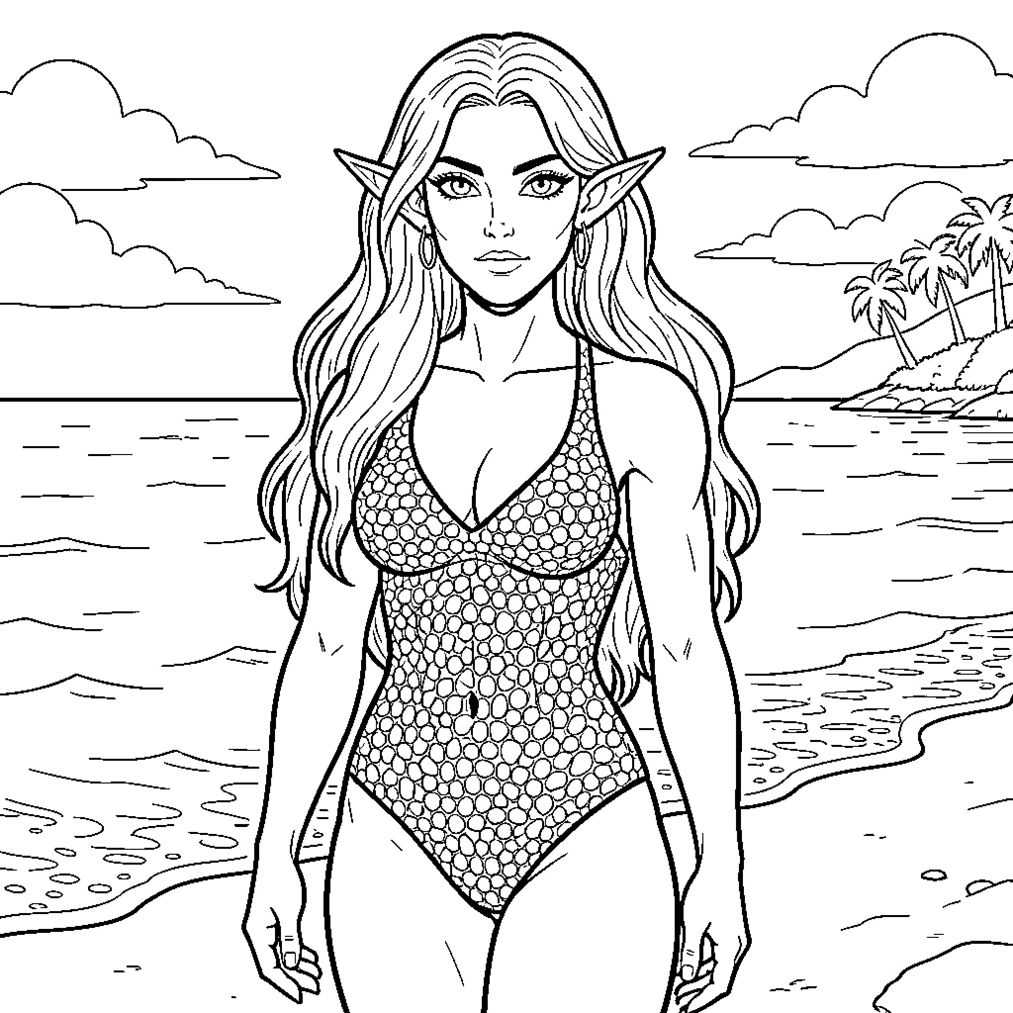 Amazonian Woman standing on a tropical beach Coloring Page (free black-and-white line drawing printable PDF for all, from beginners to advanced learners, including children, teens, adults, and seniors)