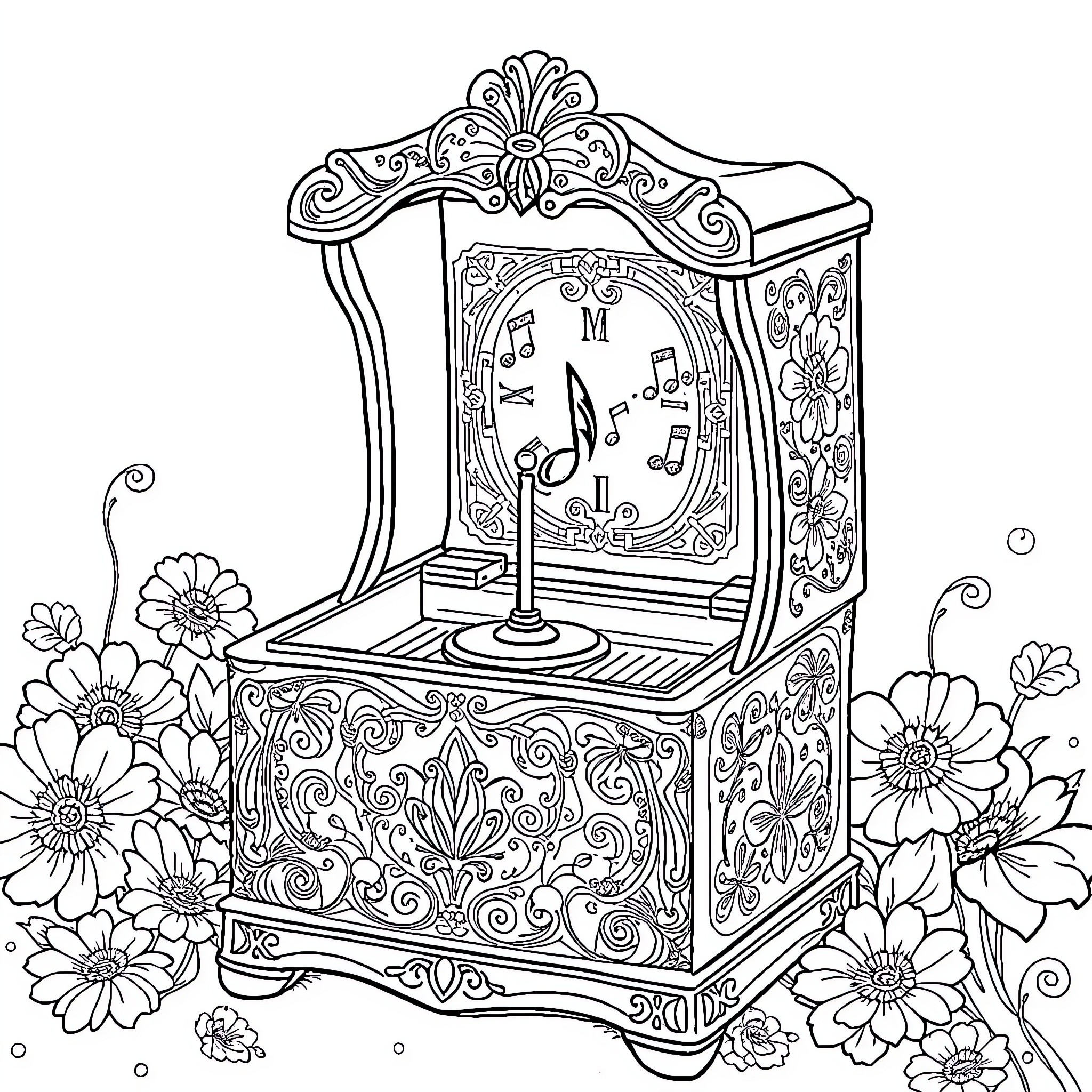 Music Box with Intricate Floral Designs Coloring Page (free black-and-white line drawing printable PDF for all, from beginners to advanced learners, including children, teens, adults, and seniors)