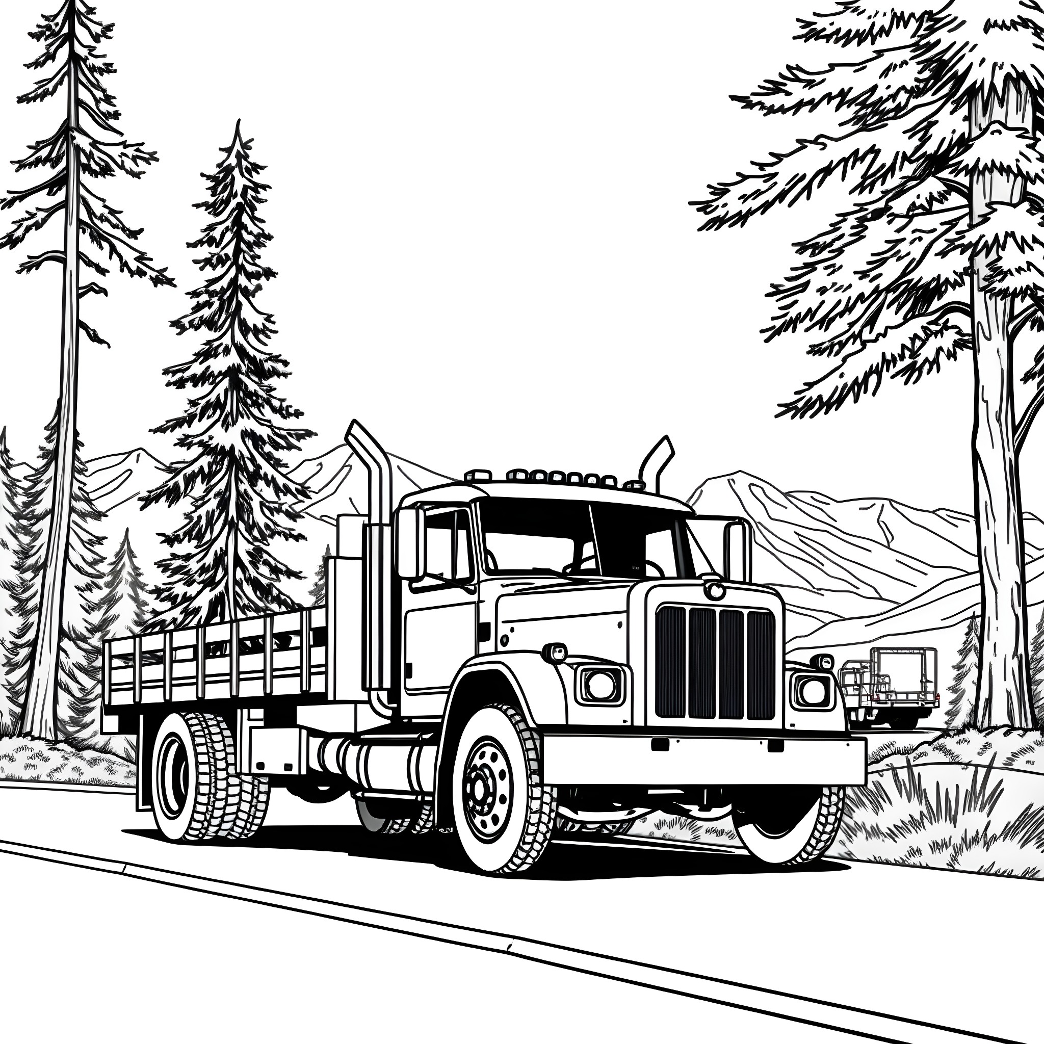 Flatbed truck hauling cargo through a forested landscape Coloring Page (free black-and-white line drawing printable PDF for all, from beginners to advanced learners, including children, teens, adults, and seniors)