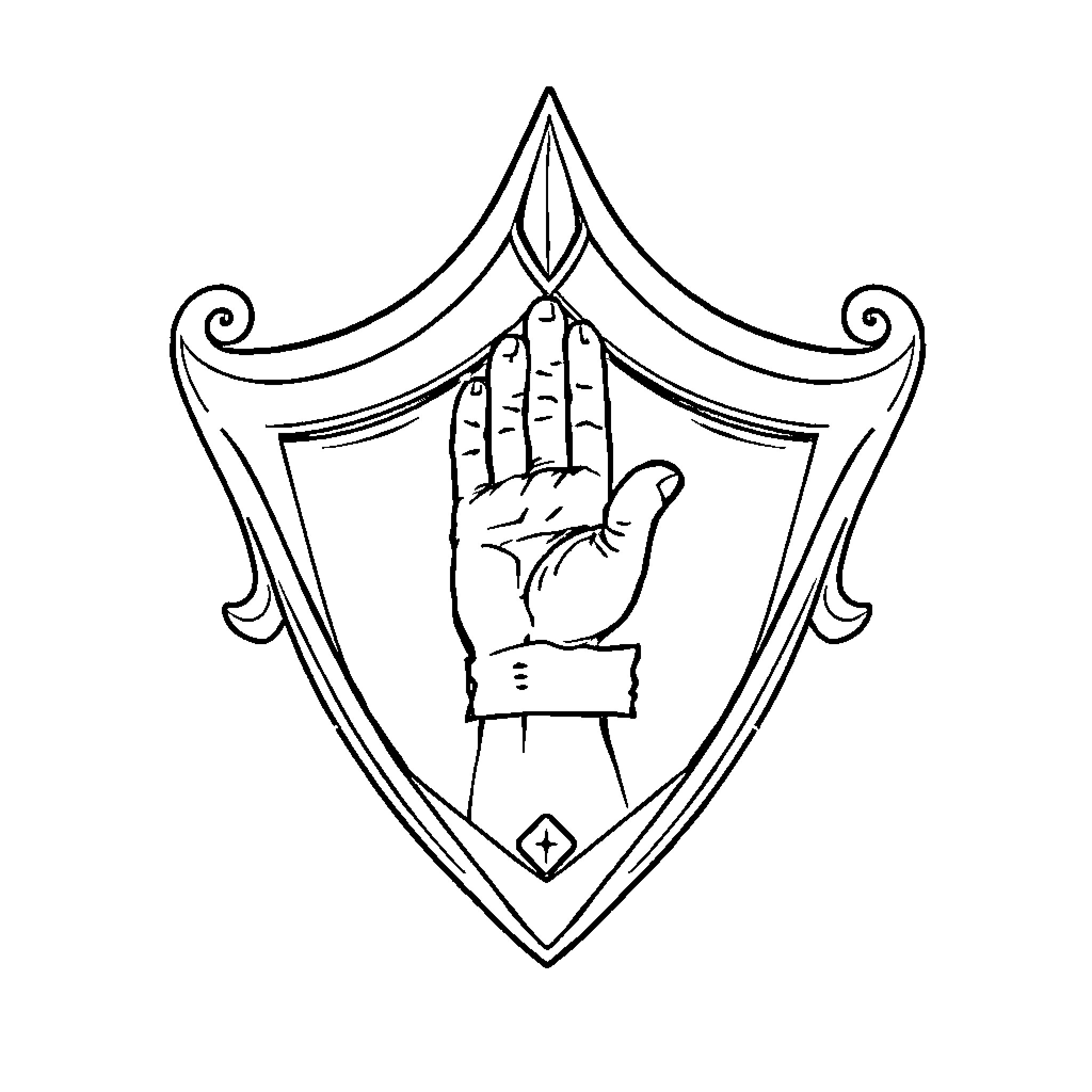 Shield of Protection with Mystic Hand Gesture Coloring Page (free black-and-white line drawing printable PDF for all, from beginners to advanced learners, including children, teens, adults, and seniors)