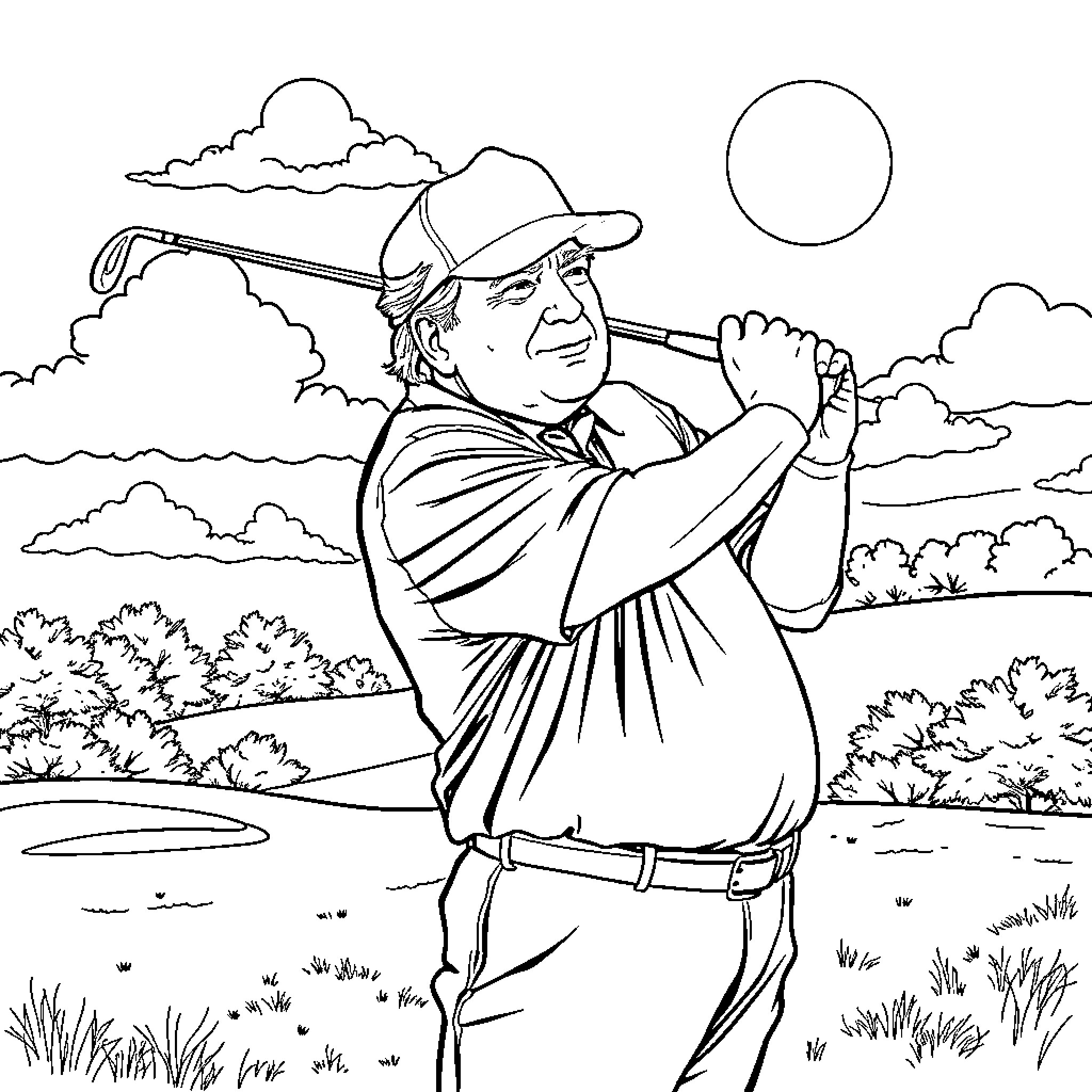 Donald Trump playing golf in the countryside Coloring Page (free black-and-white line drawing printable PDF for all, from beginners to advanced learners, including children, teens, adults, and seniors)