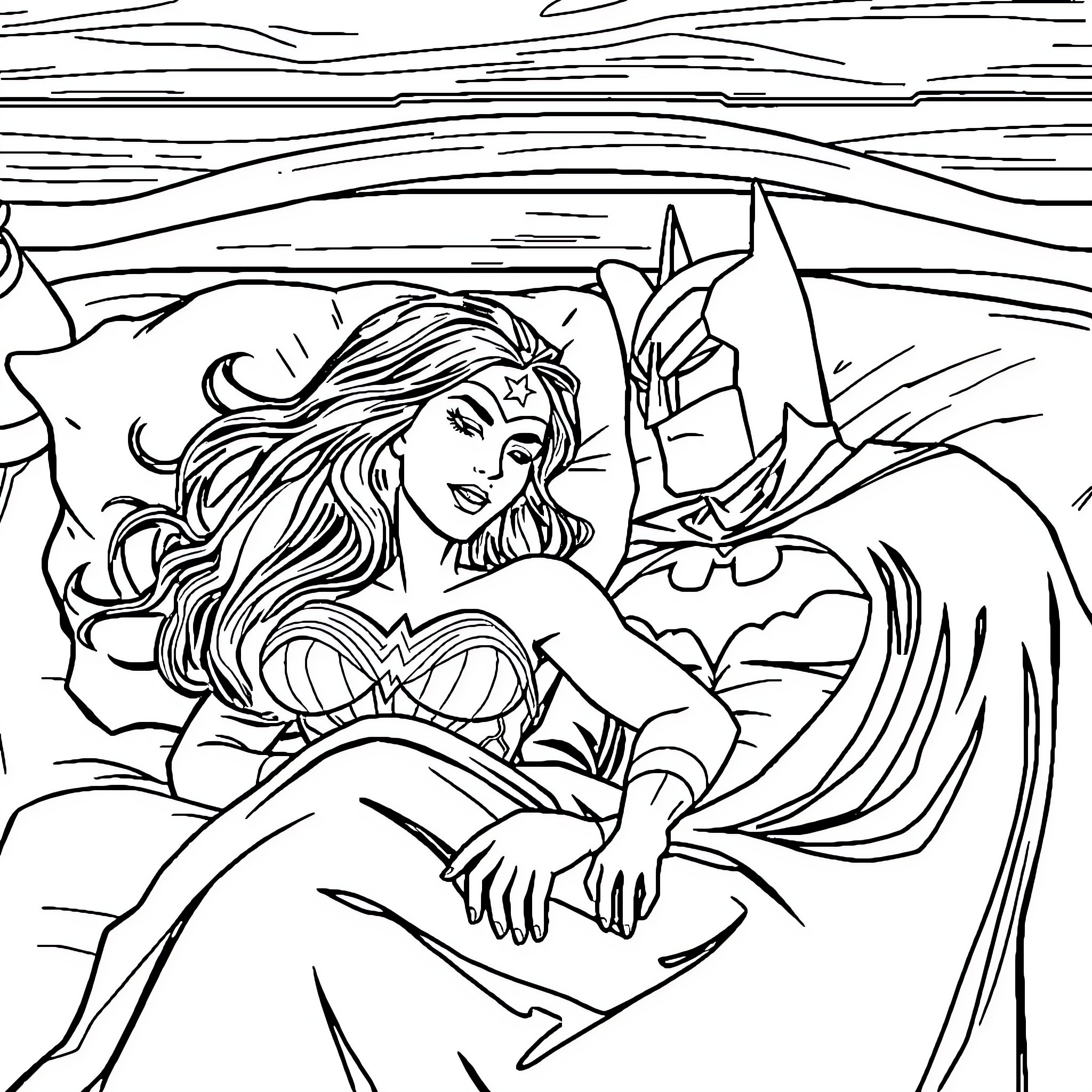 Wonder Woman standing strong in the storm Coloring Page (free black-and-white line drawing printable PDF for all, from beginners to advanced learners, including children, teens, adults, and seniors)