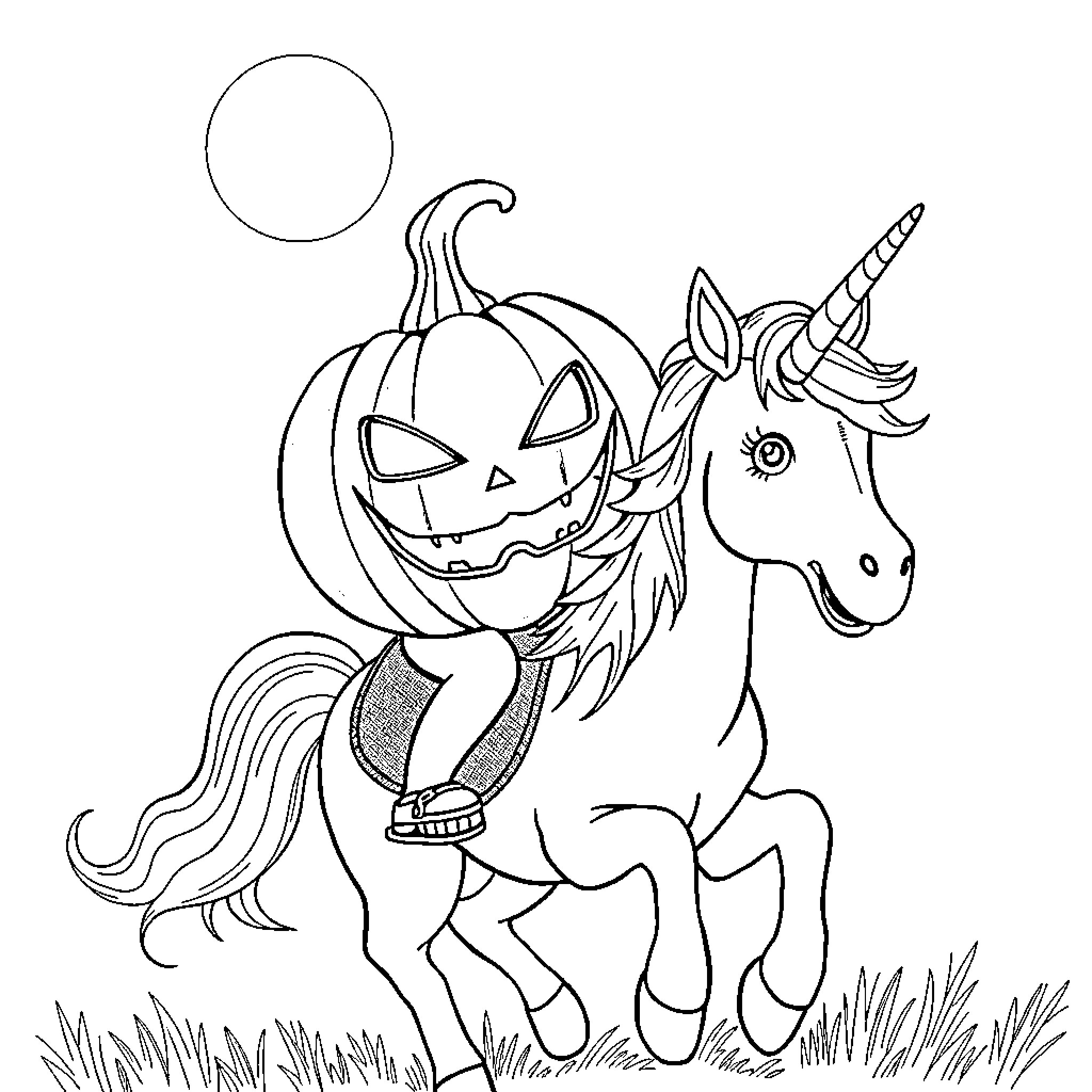Pumpkin-headed Unicorn Frolicking in the Moonlight Coloring Page (free black-and-white line drawing printable PDF for all, from beginners to advanced learners, including children, teens, adults, and seniors)