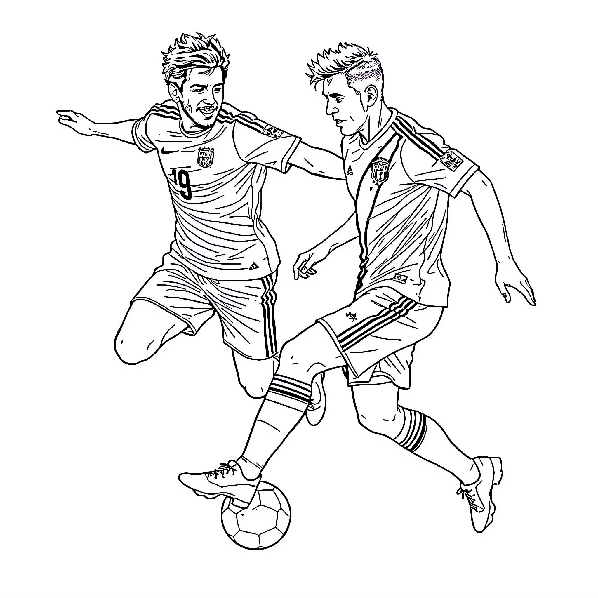 Maradona's Legendary Football Duel Coloring Page (free black-and-white line drawing printable PDF for all, from beginners to advanced learners, including children, teens, adults, and seniors)