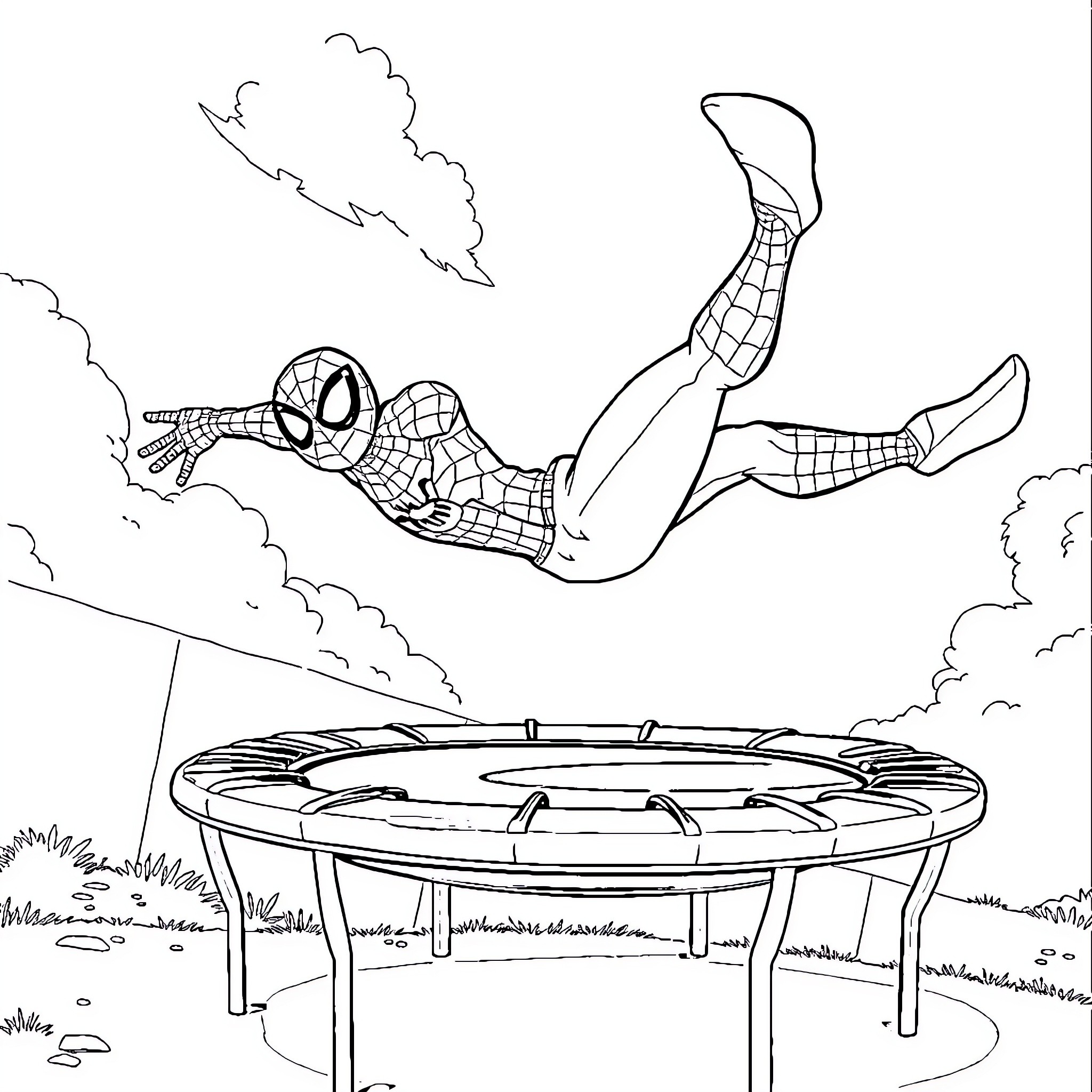 Spiderman swinging through the air with trampoline Coloring Page (free black-and-white line drawing printable PDF for all, from beginners to advanced learners, including children, teens, adults, and seniors)