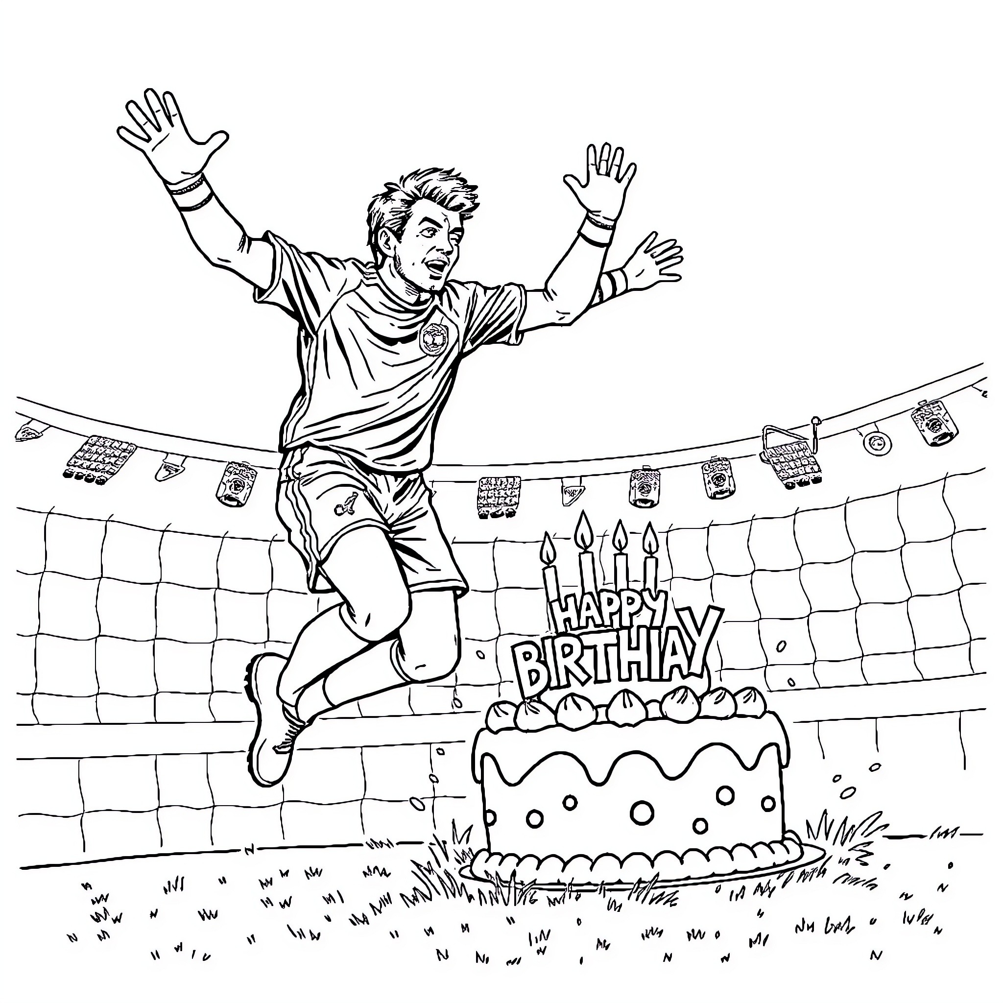 Soccer Goalkeeper Celebrates Birthday With Joy Coloring Page (free black-and-white line drawing printable PDF for all, from beginners to advanced learners, including children, teens, adults, and seniors)