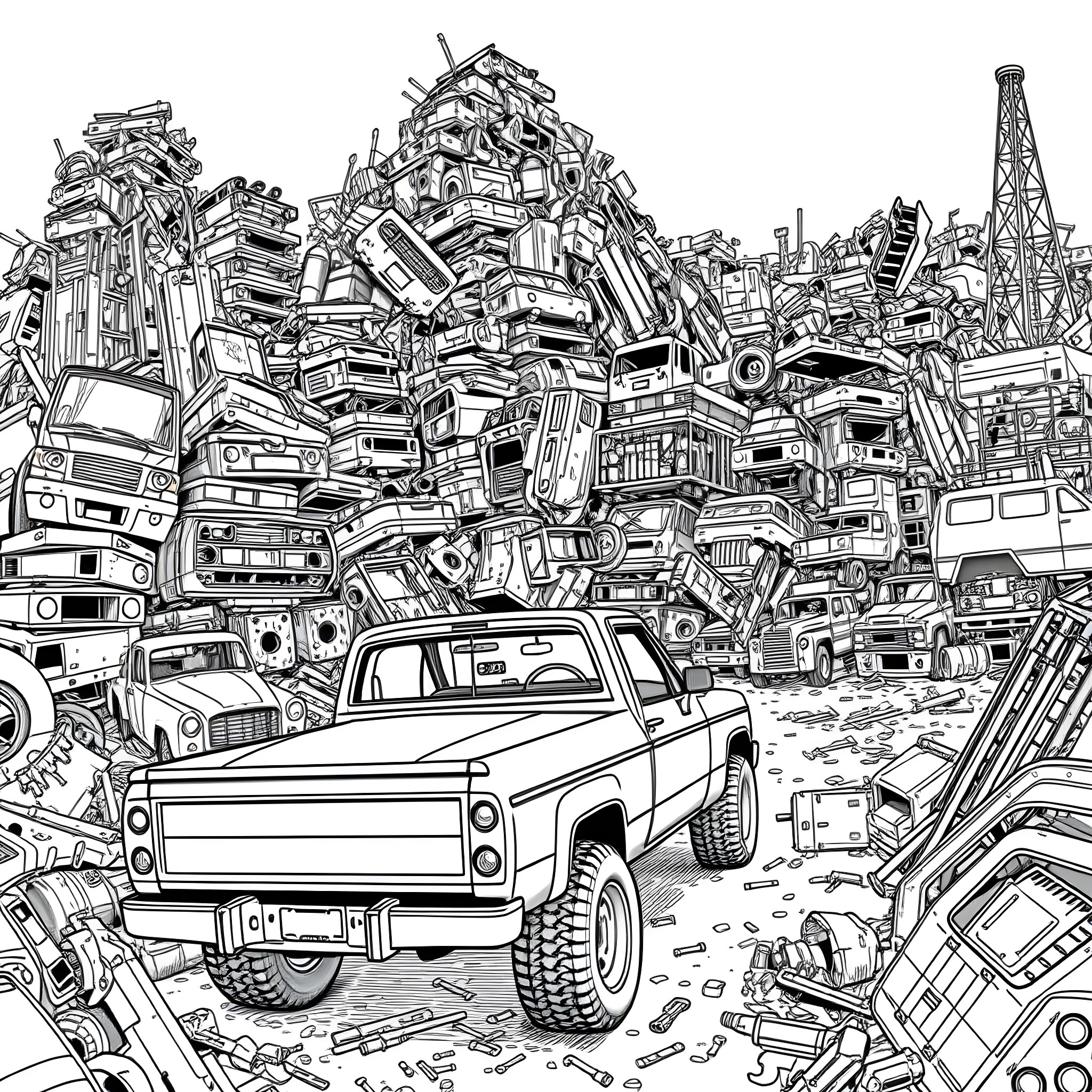 Pick Up Truck in Junkyard Chaos Coloring Page (free black-and-white line drawing printable PDF for all, from beginners to advanced learners, including children, teens, adults, and seniors)
