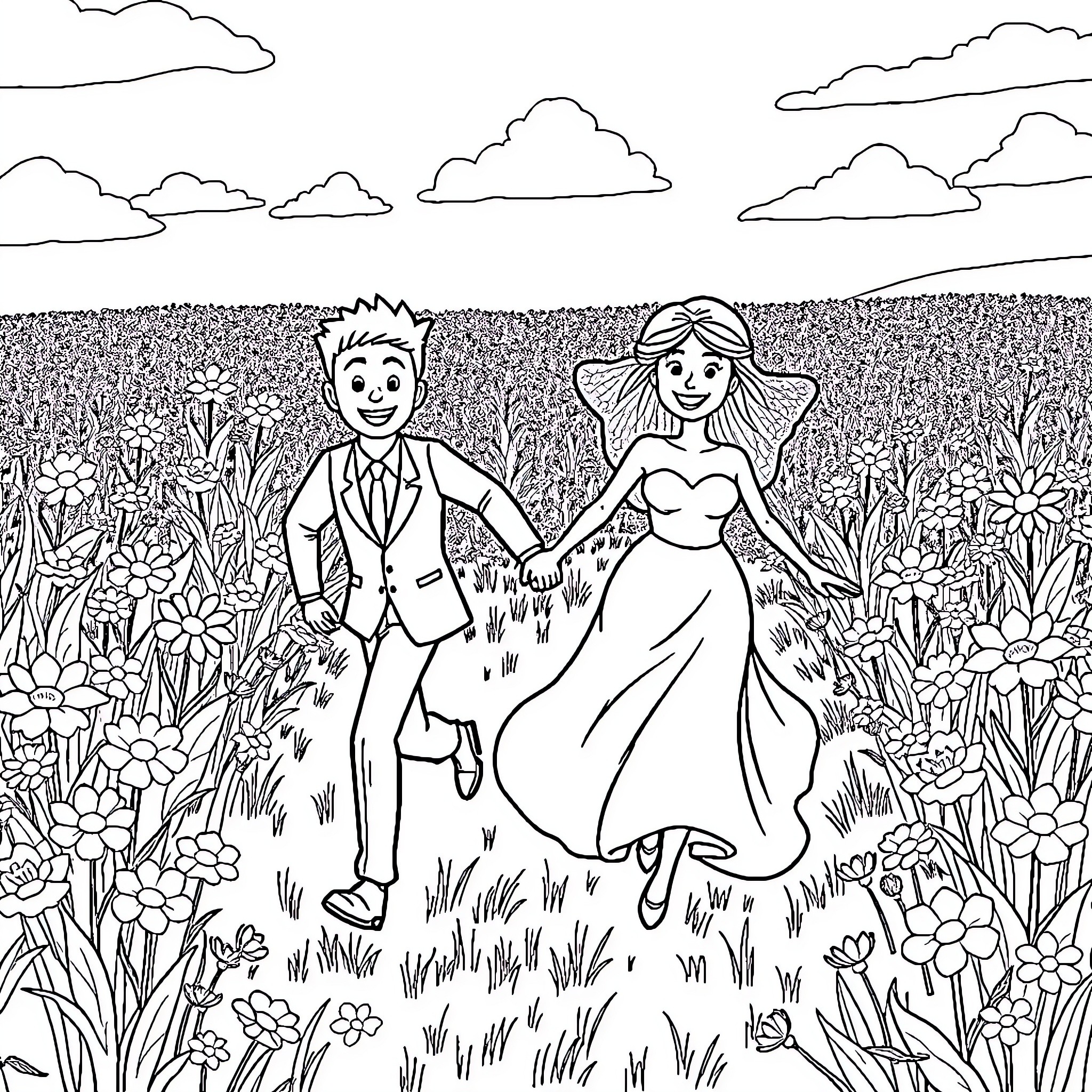 Bride and Groom Celebrating in Floral Meadow Coloring Page (free black-and-white line drawing printable PDF for all, from beginners to advanced learners, including children, teens, adults, and seniors)