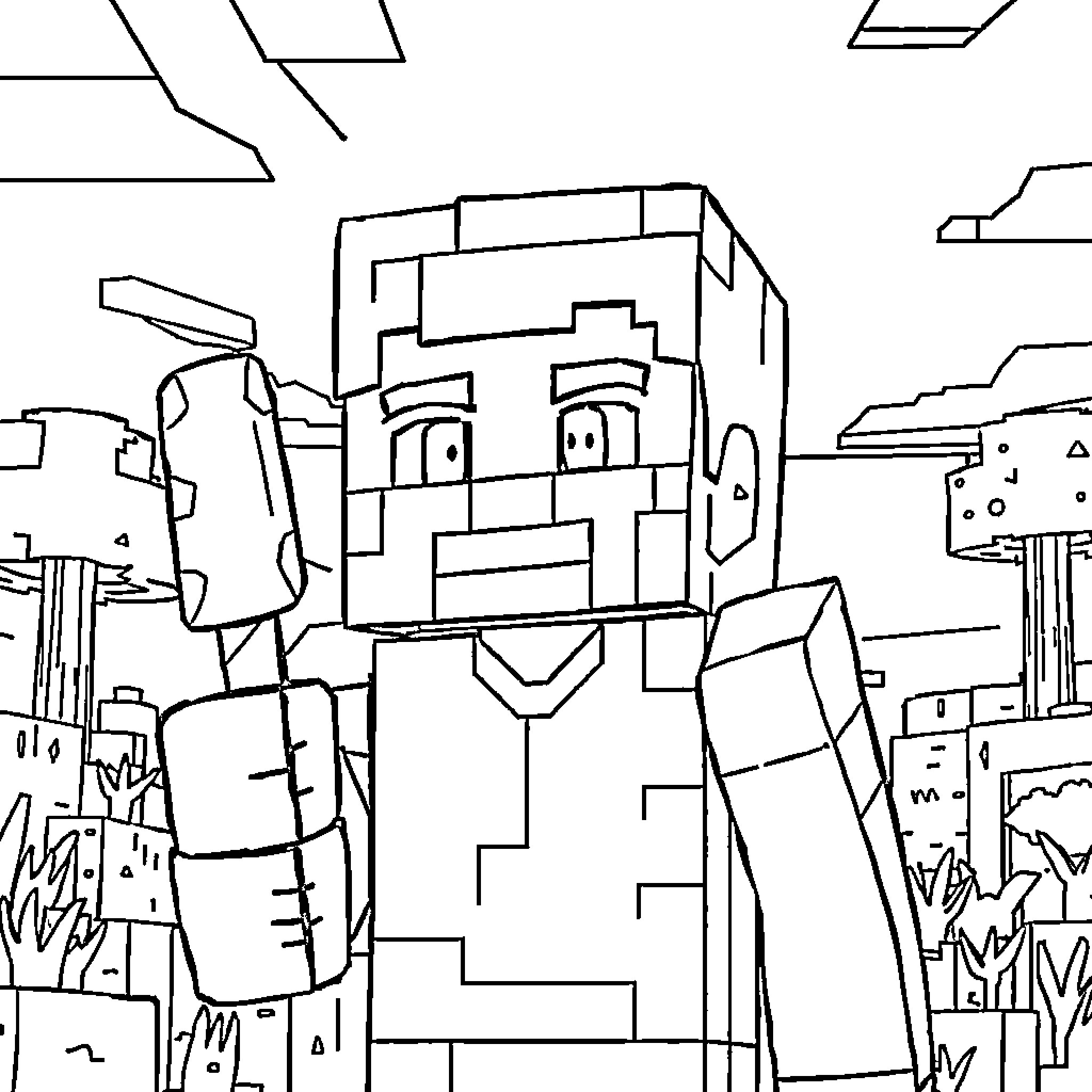 Minecraft Character Exploring Blocky Landscape Coloring Page (free black-and-white line drawing printable PDF for all, from beginners to advanced learners, including children, teens, adults, and seniors)