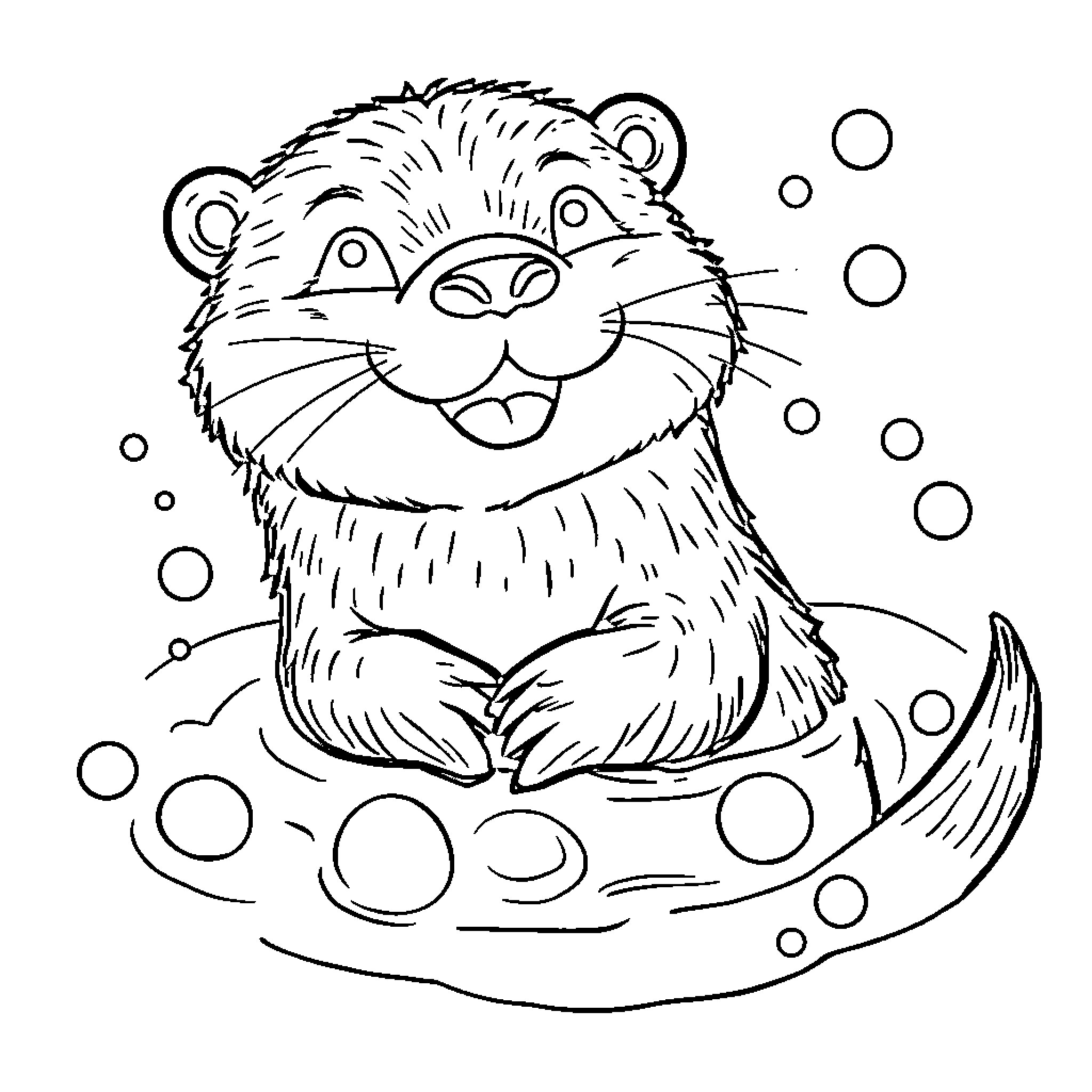 Otter relaxing on floating ice with bubbles Coloring Page (free black-and-white line drawing printable PDF for all, from beginners to advanced learners, including children, teens, adults, and seniors)
