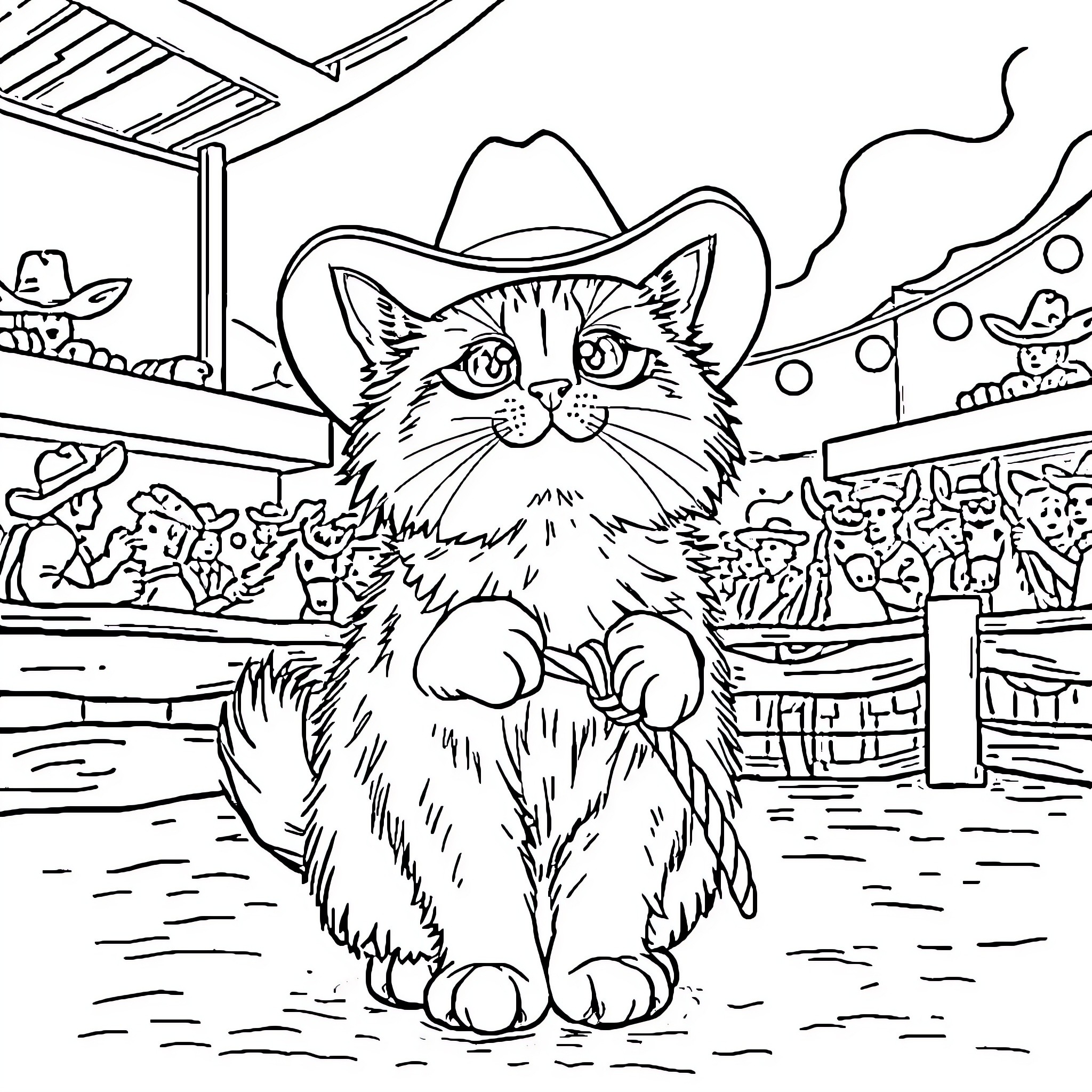 Cat in a Cowboy Hat at the Carnival Coloring Page (free black-and-white line drawing printable PDF for all, from beginners to advanced learners, including children, teens, adults, and seniors)