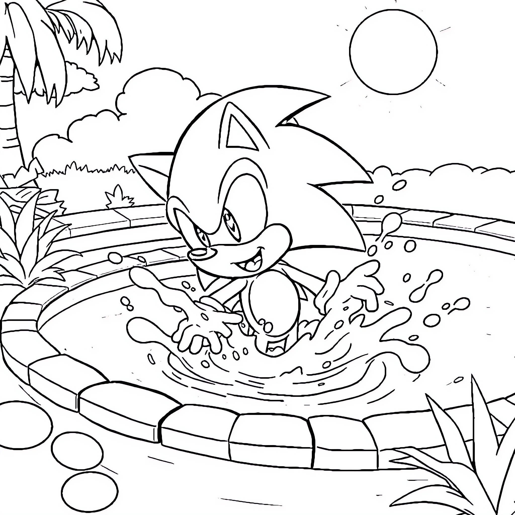 Sonic splashing in the pool on a sunny day Coloring Page (free black-and-white line drawing printable PDF for all, from beginners to advanced learners, including children, teens, adults, and seniors)