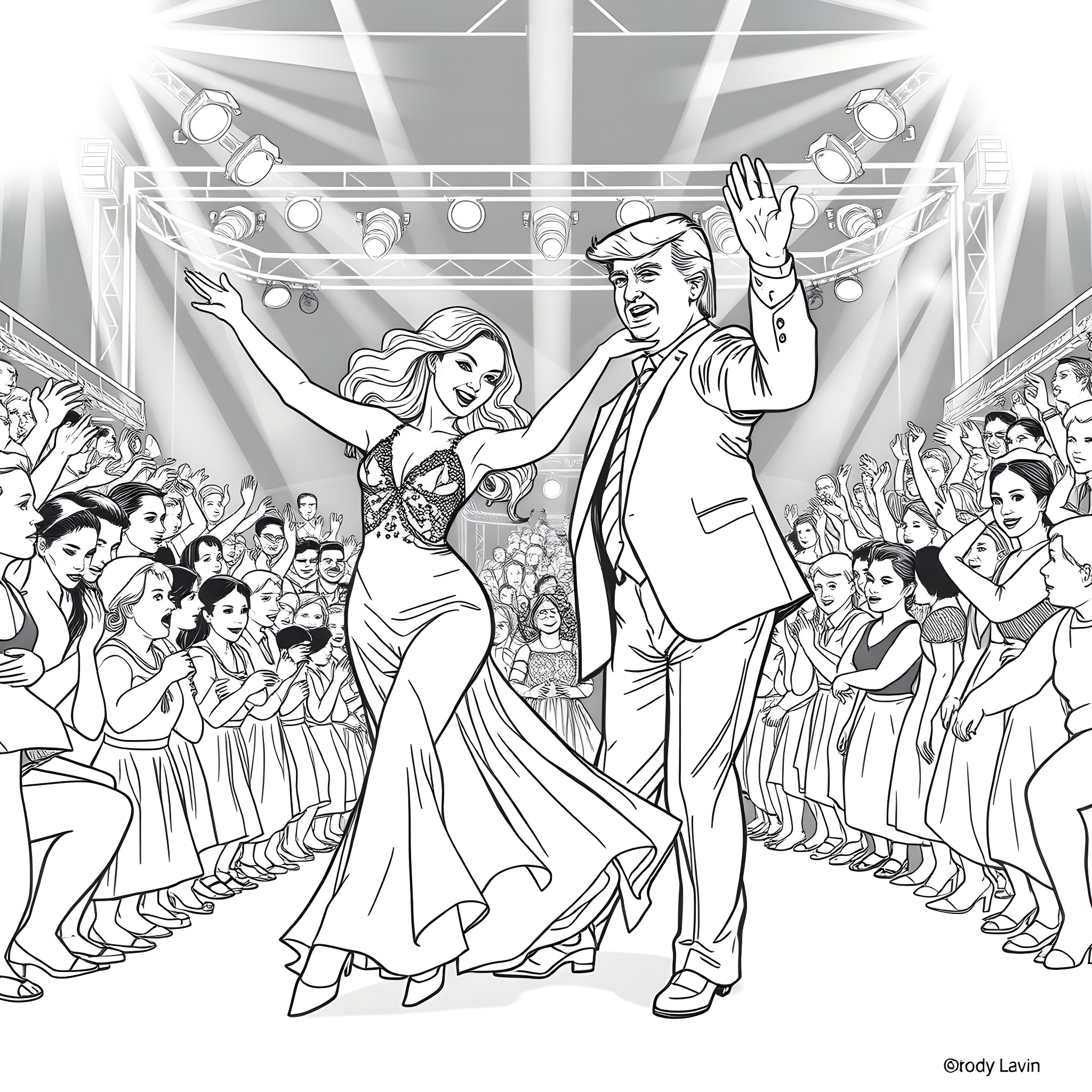 Dancer performing lively dance routine on stage Coloring Page (free black-and-white line drawing printable PDF for all, from beginners to advanced learners, including children, teens, adults, and seniors)