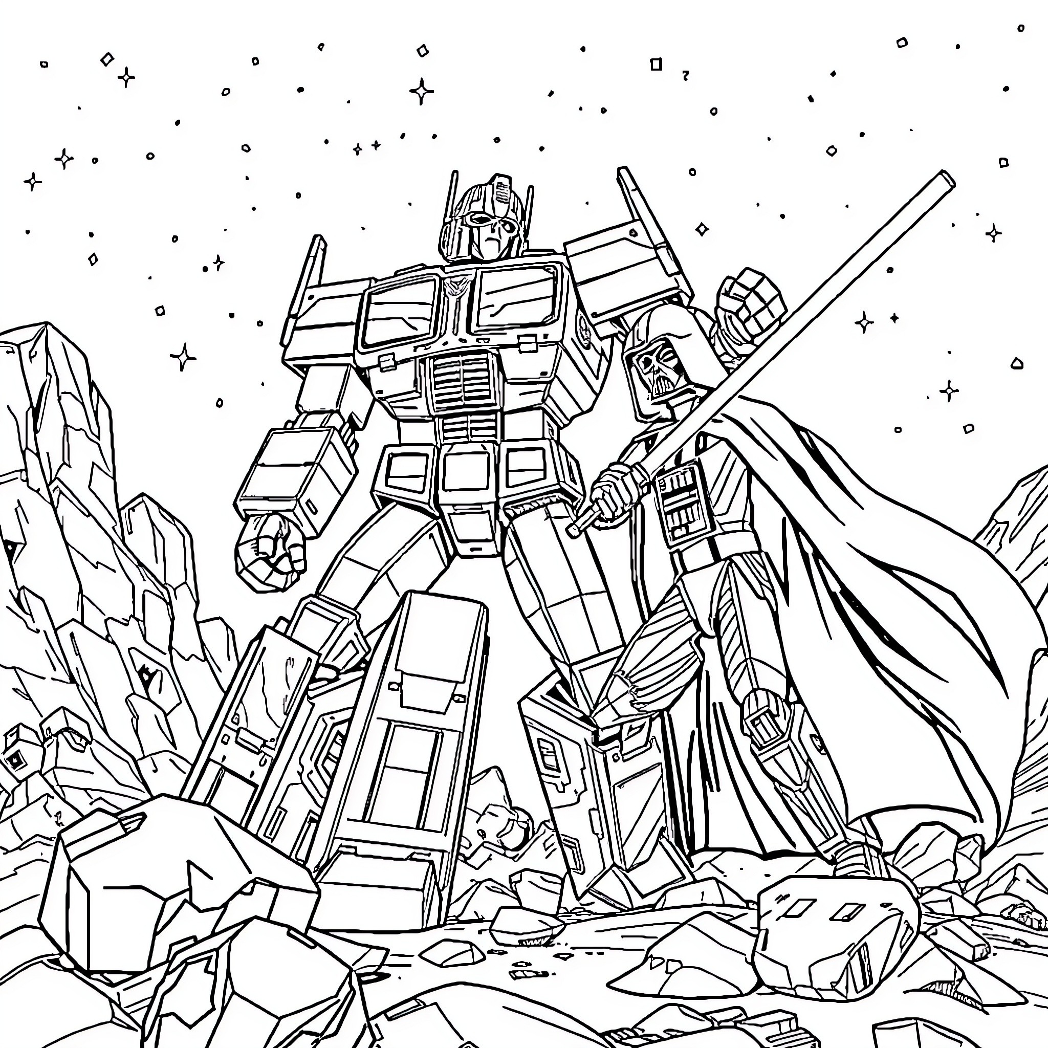 Optimus Prime leading the battle on an alien landscape Coloring Page (free black-and-white line drawing printable PDF for all, from beginners to advanced learners, including children, teens, adults, and seniors)