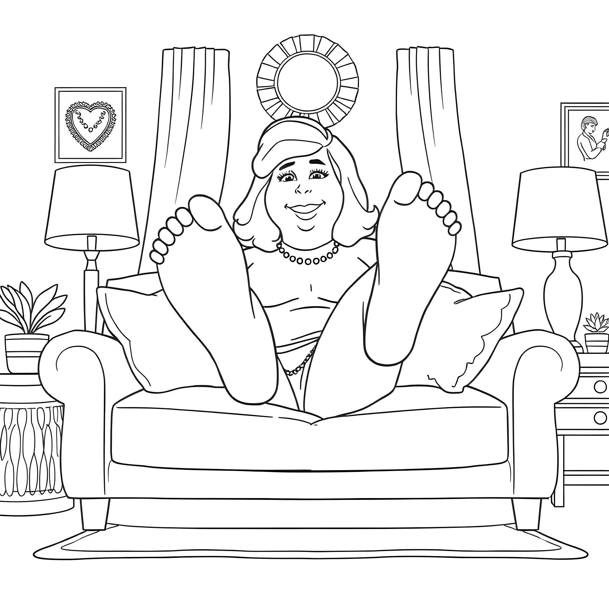 Lois Griffin relaxing and enjoying herself at home Coloring Page (free black-and-white line drawing printable PDF for all, from beginners to advanced learners, including children, teens, adults, and seniors)