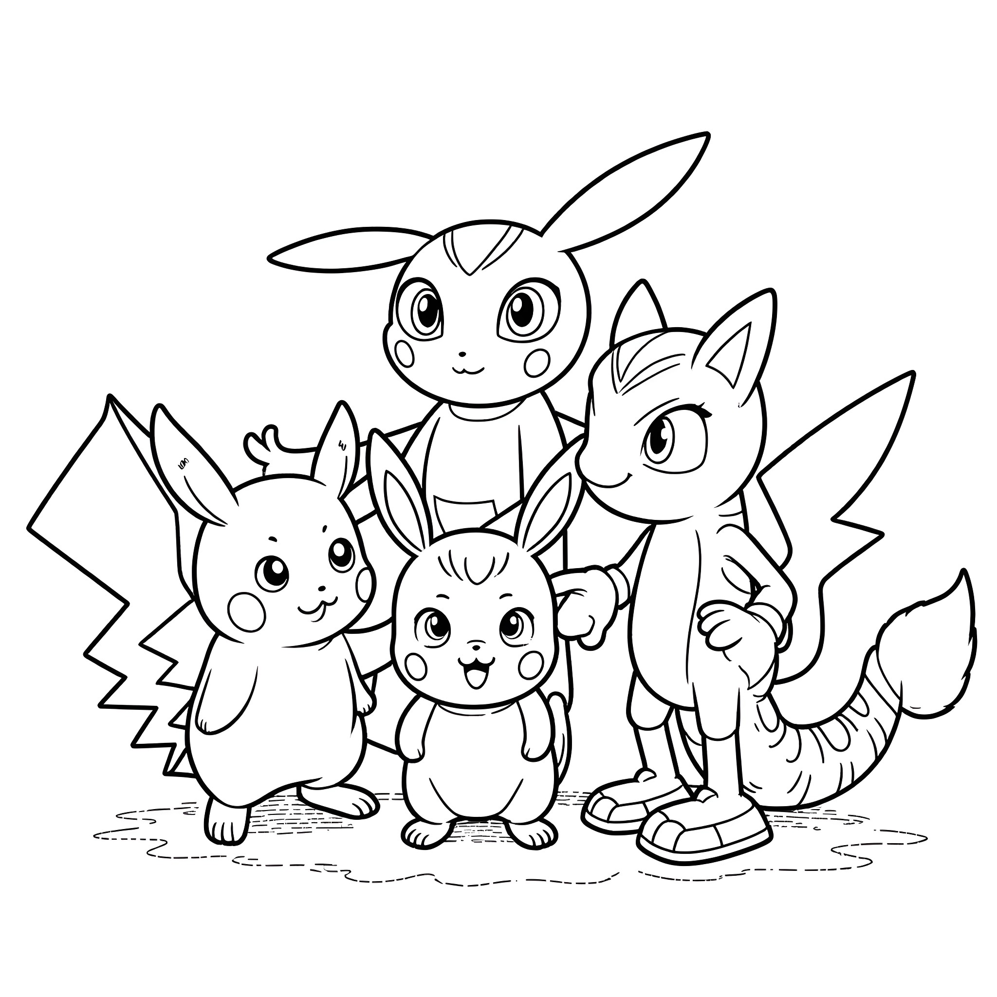 Character Creatures Gathered Together Coloring Page (free black-and-white line drawing printable PDF for all, from beginners to advanced learners, including children, teens, adults, and seniors)
