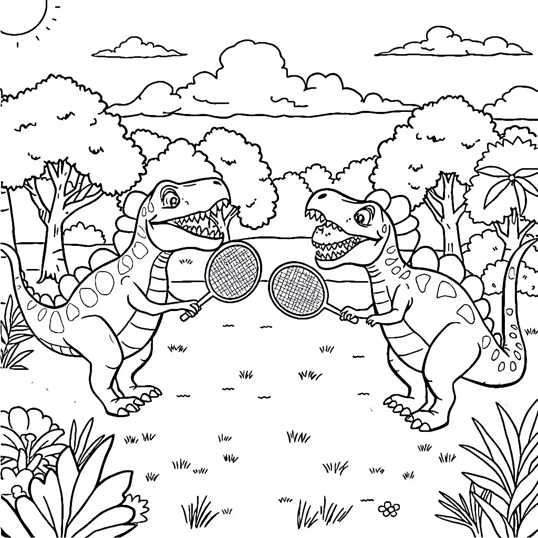 Dinosaur friends playing tennis in the jungle Coloring Page (free black-and-white line drawing printable PDF for all, from beginners to advanced learners, including children, teens, adults, and seniors)