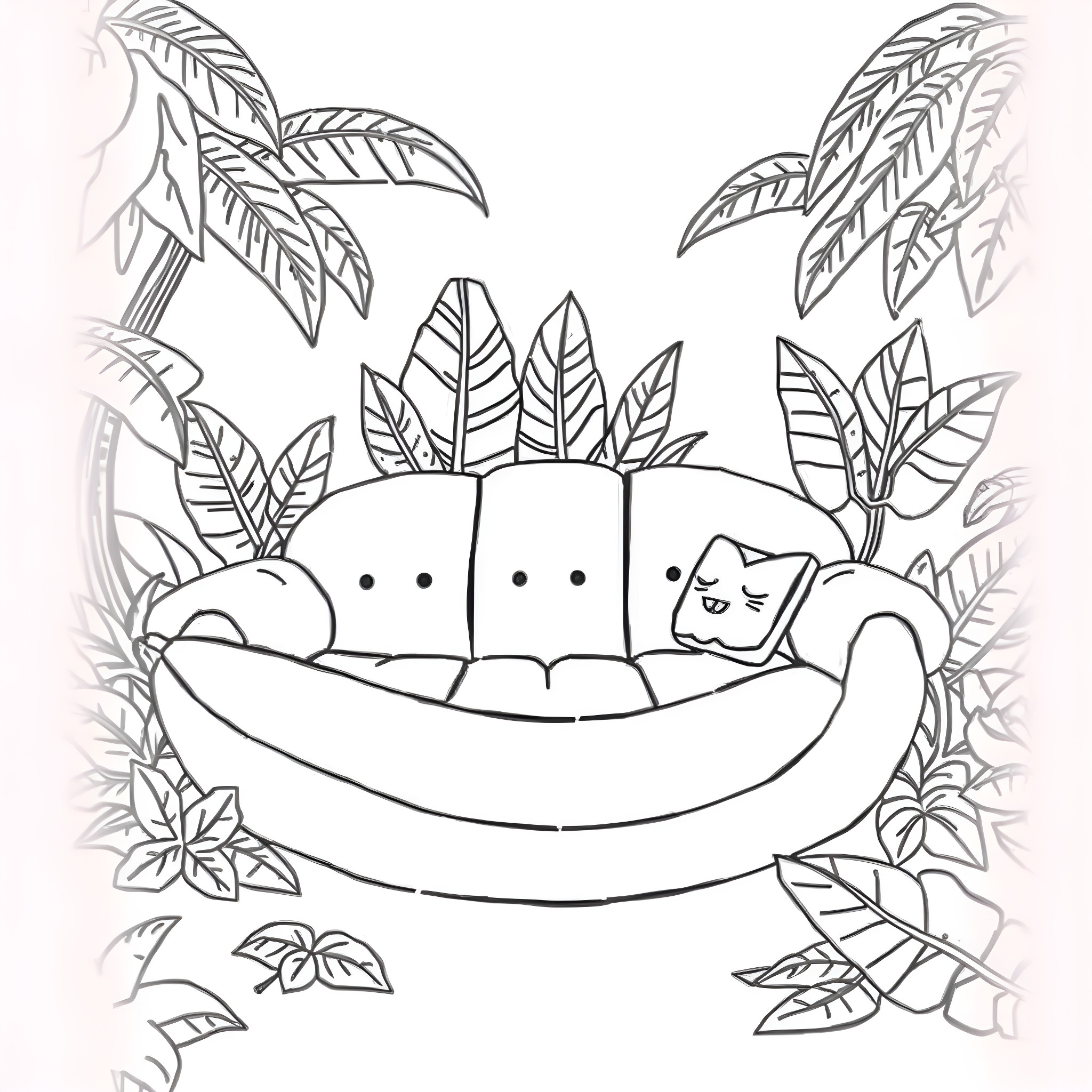 Banana friends relaxing in a tropical paradise Coloring Page (free black-and-white line drawing printable PDF for all, from beginners to advanced learners, including children, teens, adults, and seniors)