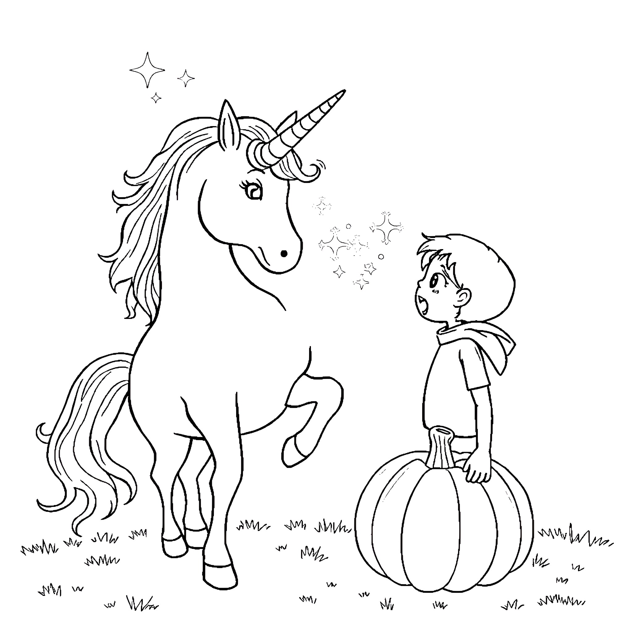Unicorn enchanting a young child on a pumpkin Coloring Page (free black-and-white line drawing printable PDF for all, from beginners to advanced learners, including children, teens, adults, and seniors)