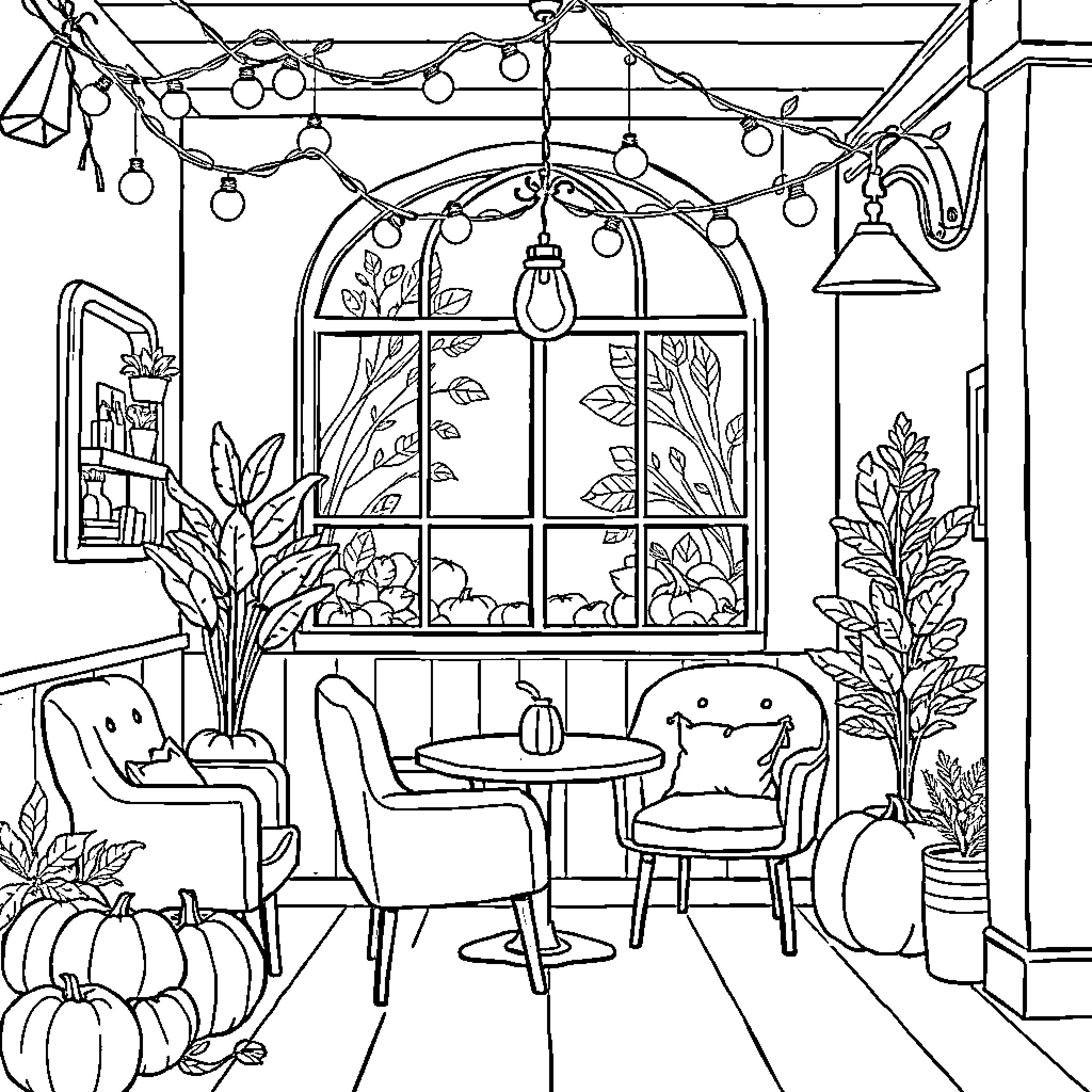 Cafe Cozy Indoor Autumn Decor Coloring Page (free black-and-white line drawing printable PDF for all, from beginners to advanced learners, including children, teens, adults, and seniors)