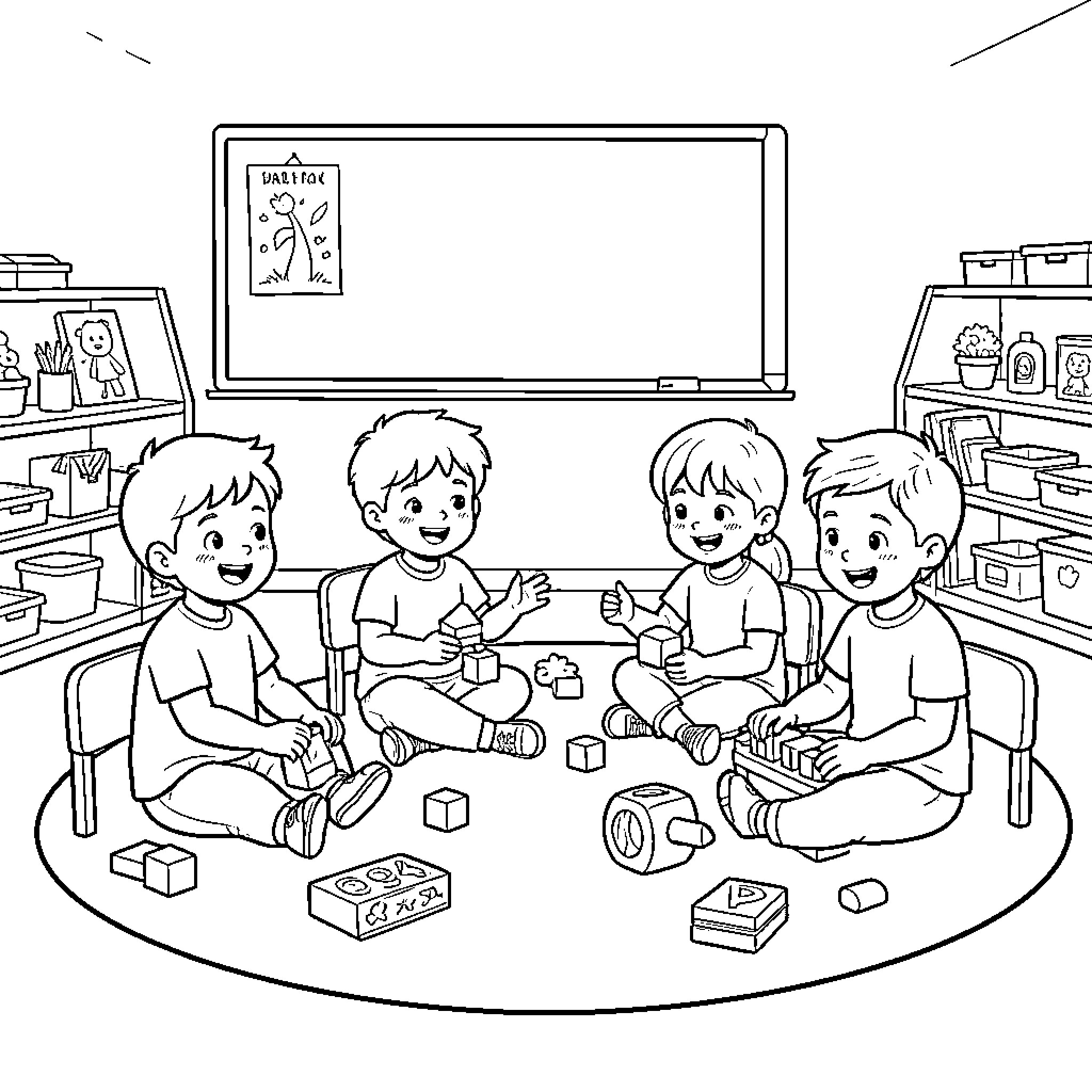 Kids playing and learning together in the classroom Coloring Page (free black-and-white line drawing printable PDF for all, from beginners to advanced learners, including children, teens, adults, and seniors)