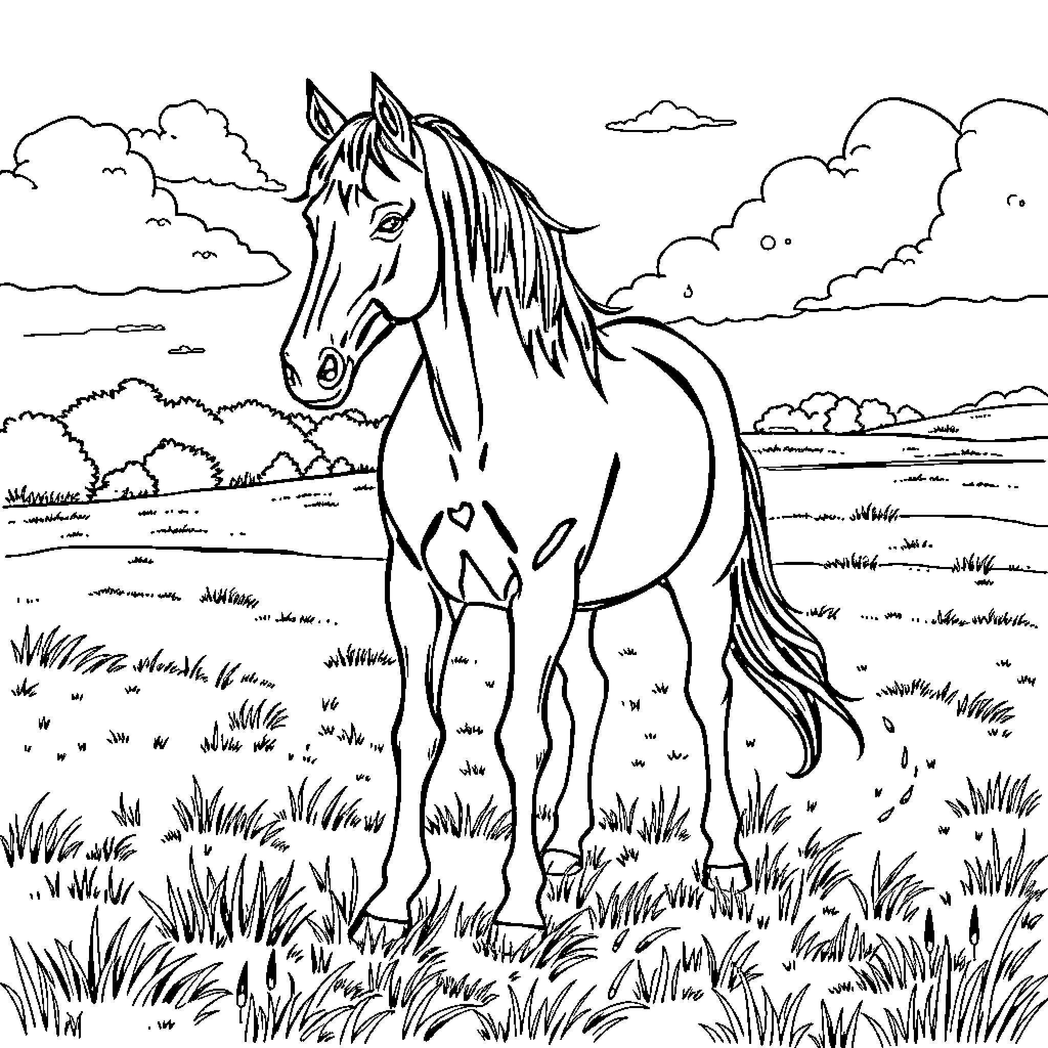 Horse standing gracefully in a serene field Coloring Page (free black-and-white line drawing printable PDF for all, from beginners to advanced learners, including children, teens, adults, and seniors)