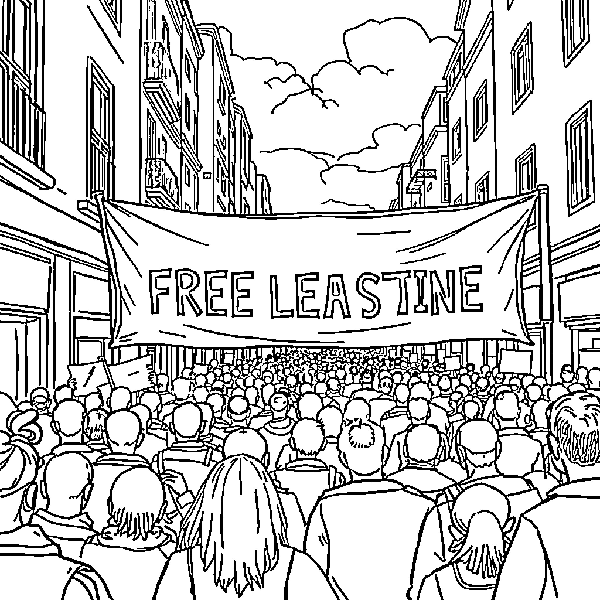 Palestine: Crowd protesting for freedom in the streets Coloring Page (free black-and-white line drawing printable PDF for all, from beginners to advanced learners, including children, teens, adults, and seniors)
