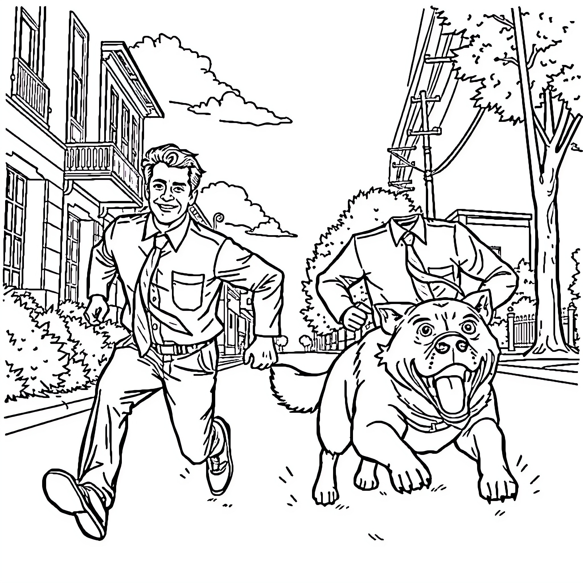 Missionary men with friendly dog on the street Coloring Page (free black-and-white line drawing printable PDF for all, from beginners to advanced learners, including children, teens, adults, and seniors)