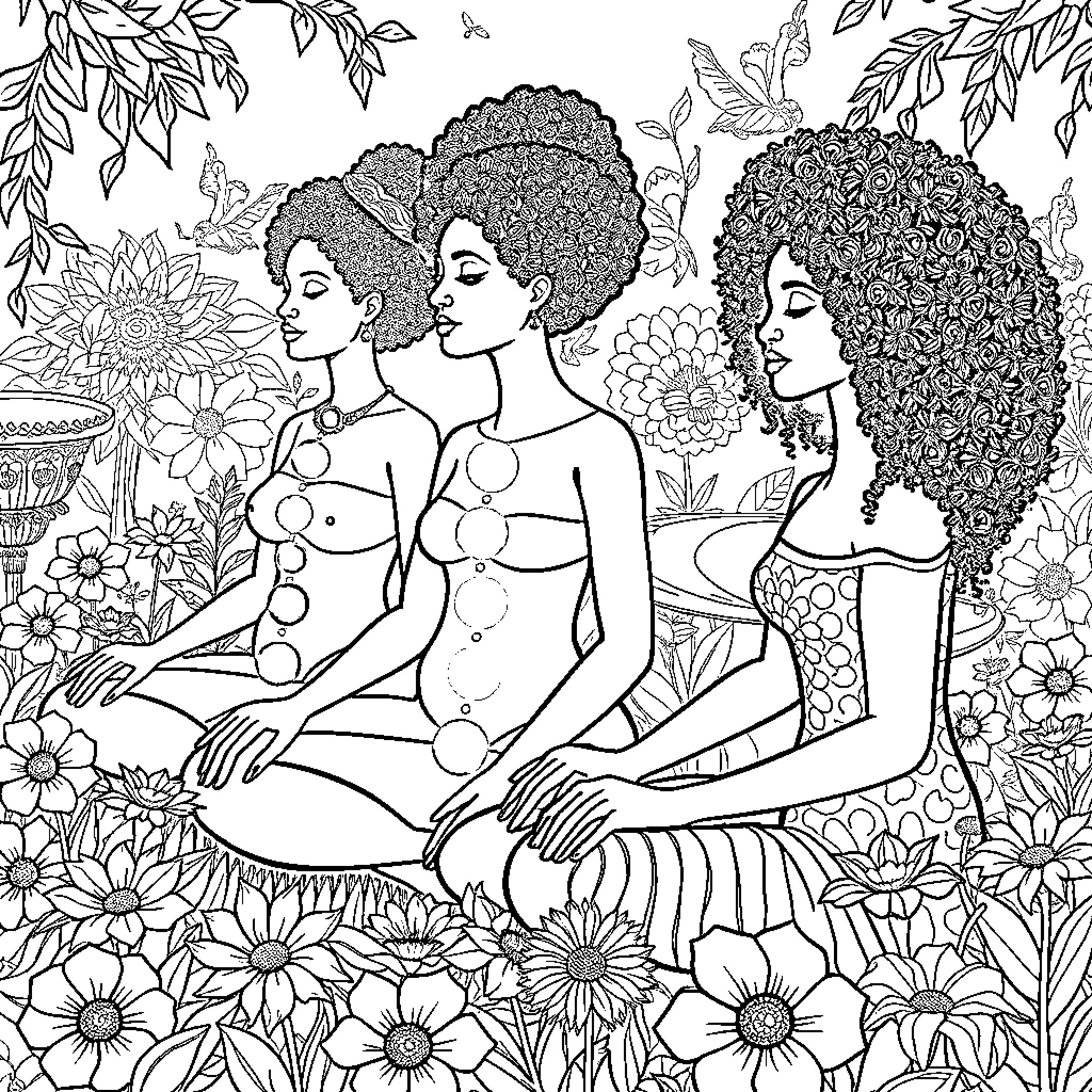 Women in Floral Garden Coloring Page (free black-and-white line drawing printable PDF for all, from beginners to advanced learners, including children, teens, adults, and seniors)