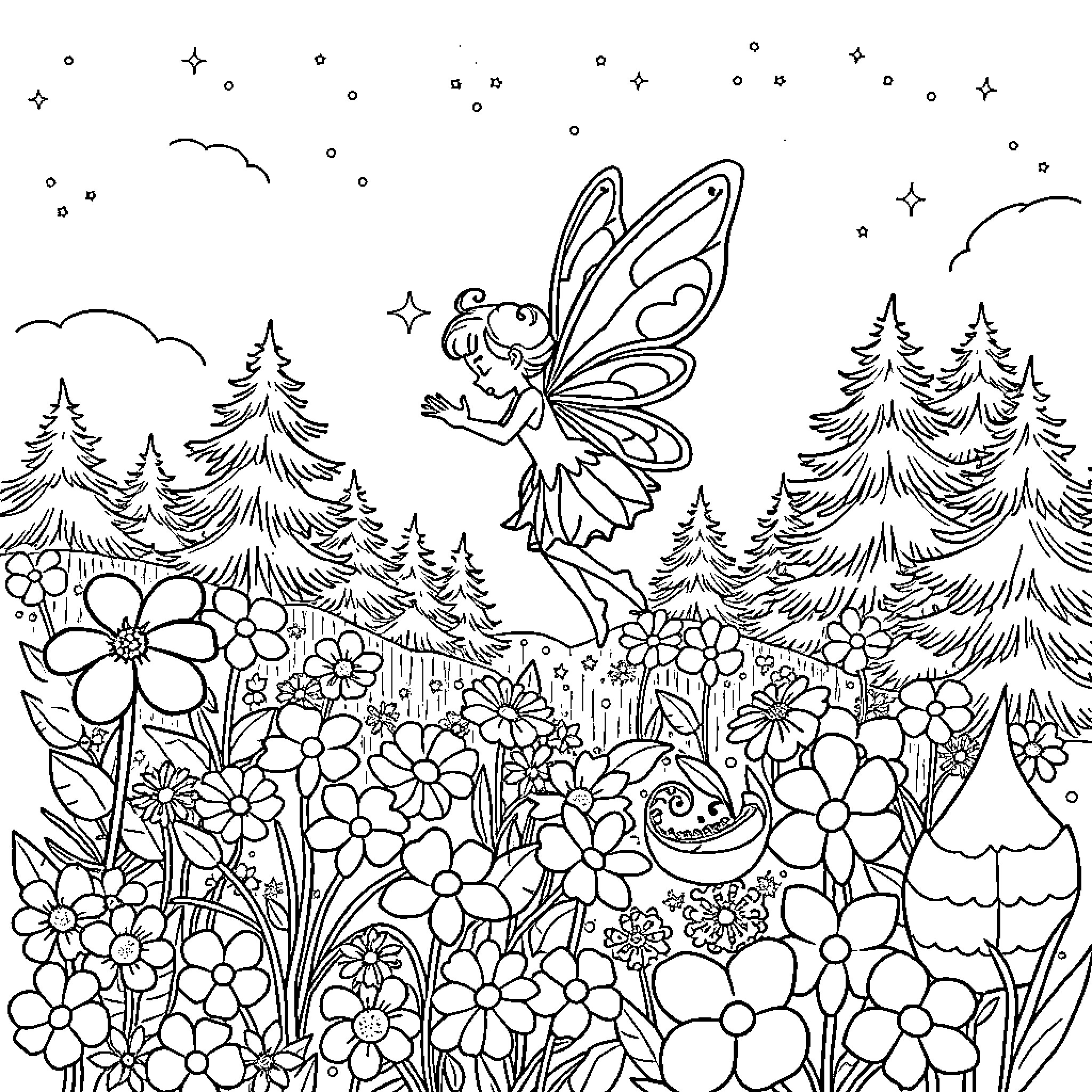 Fairy Fluttering Among Enchanting Flowers and Trees Coloring Page (free black-and-white line drawing printable PDF for all, from beginners to advanced learners, including children, teens, adults, and seniors)