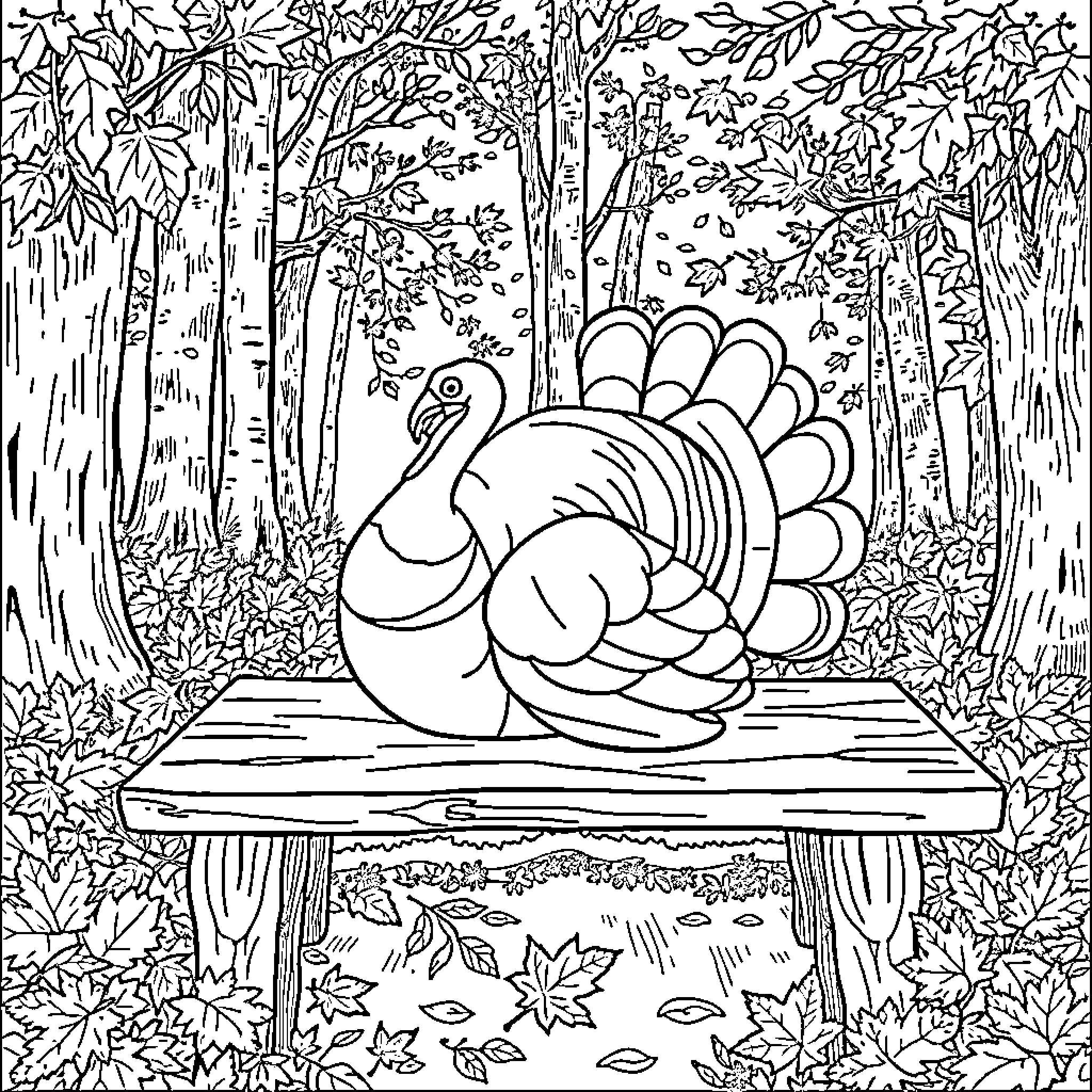 Turkey in Autumn Forest Serenity Coloring Page (free black-and-white line drawing printable PDF for all, from beginners to advanced learners, including children, teens, adults, and seniors)
