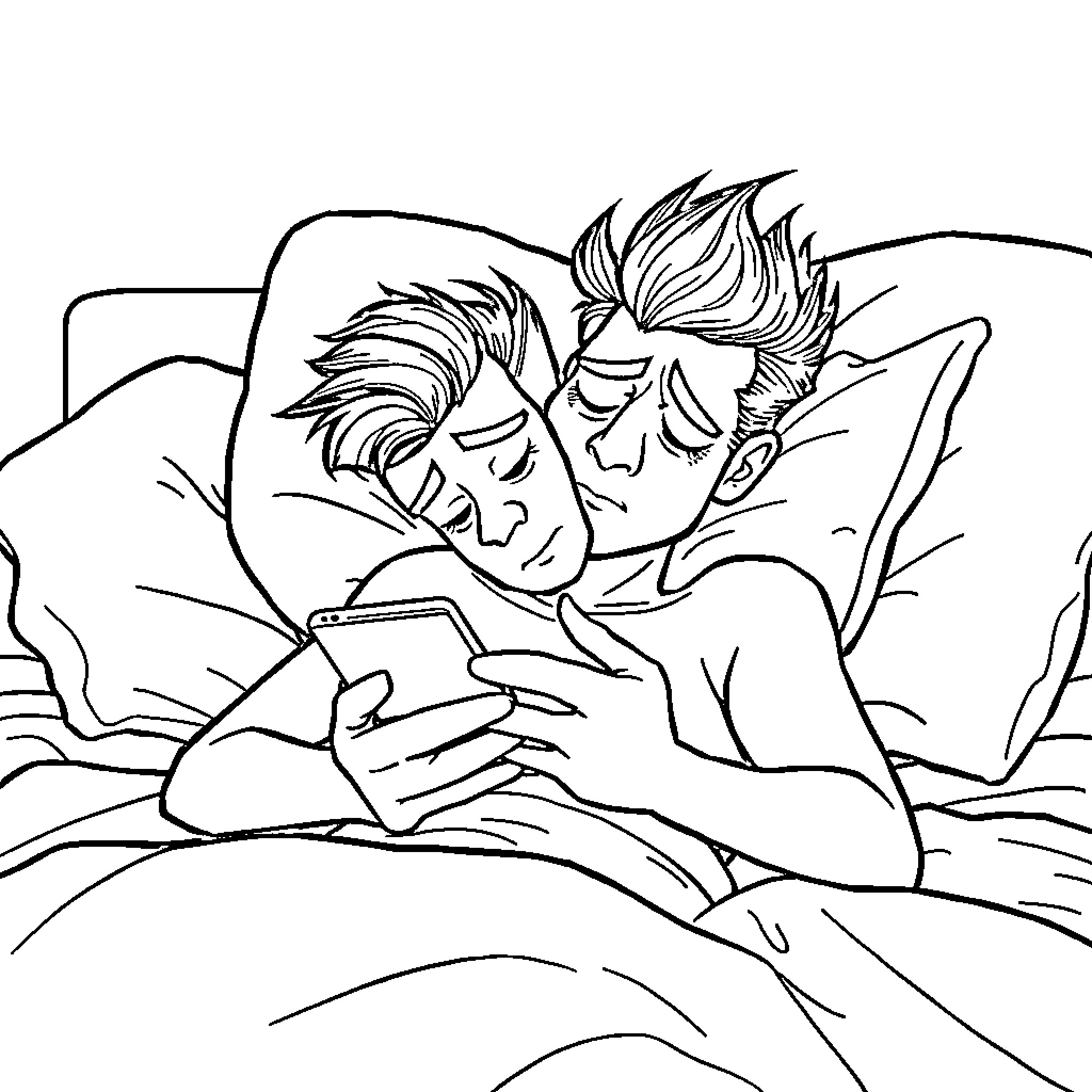 Dandy duo relaxing with mobile devices Coloring Page (free black-and-white line drawing printable PDF for all, from beginners to advanced learners, including children, teens, adults, and seniors)