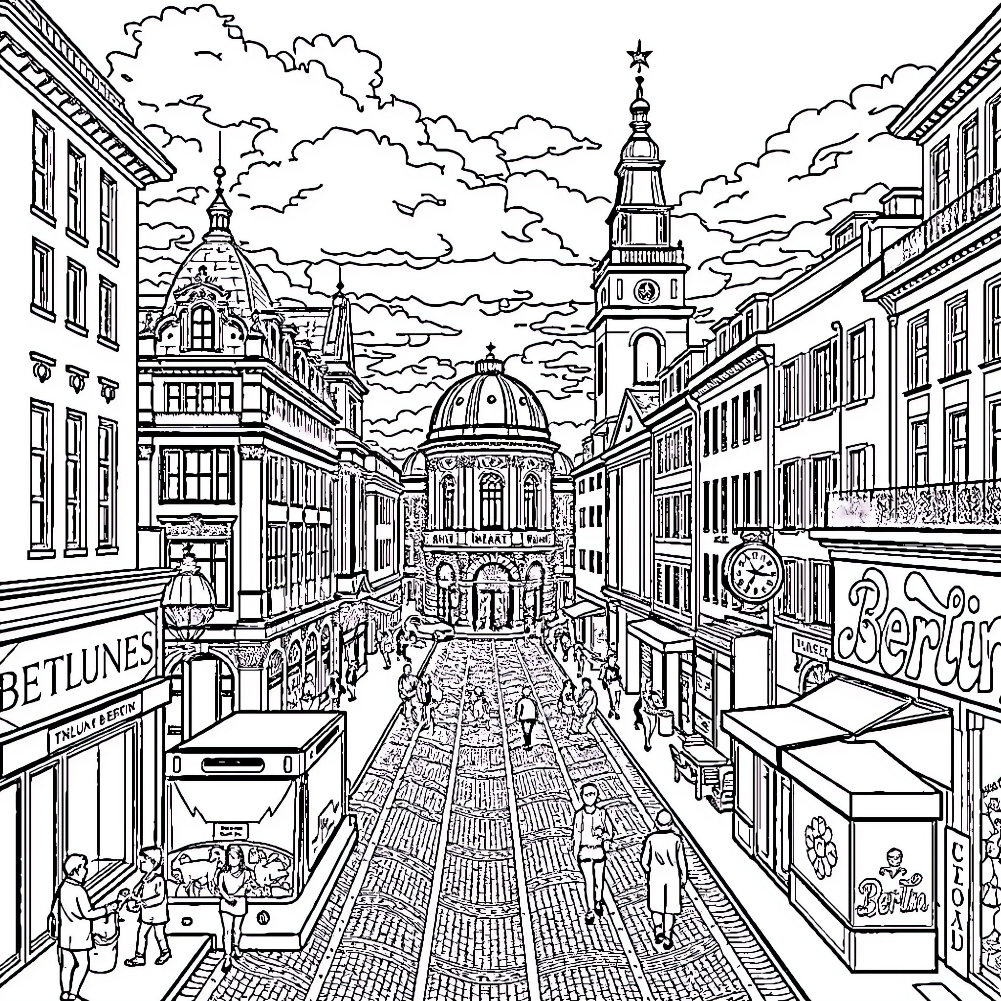 Berlin Street Scene with Historic Architecture and Pedestrians Coloring Page (free black-and-white line drawing printable PDF for all, from beginners to advanced learners, including children, teens, adults, and seniors)