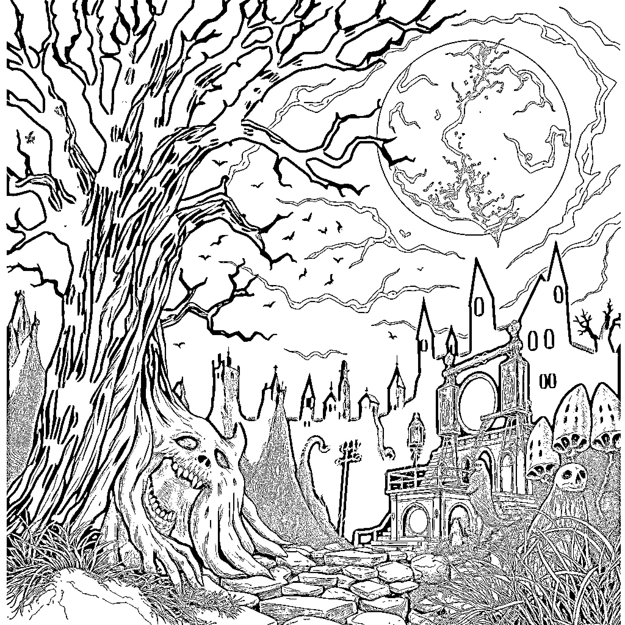 H.P. Lovecraft's Haunted Landscape with Ethereal Structures Coloring Page (free black-and-white line drawing printable PDF for all, from beginners to advanced learners, including children, teens, adults, and seniors)