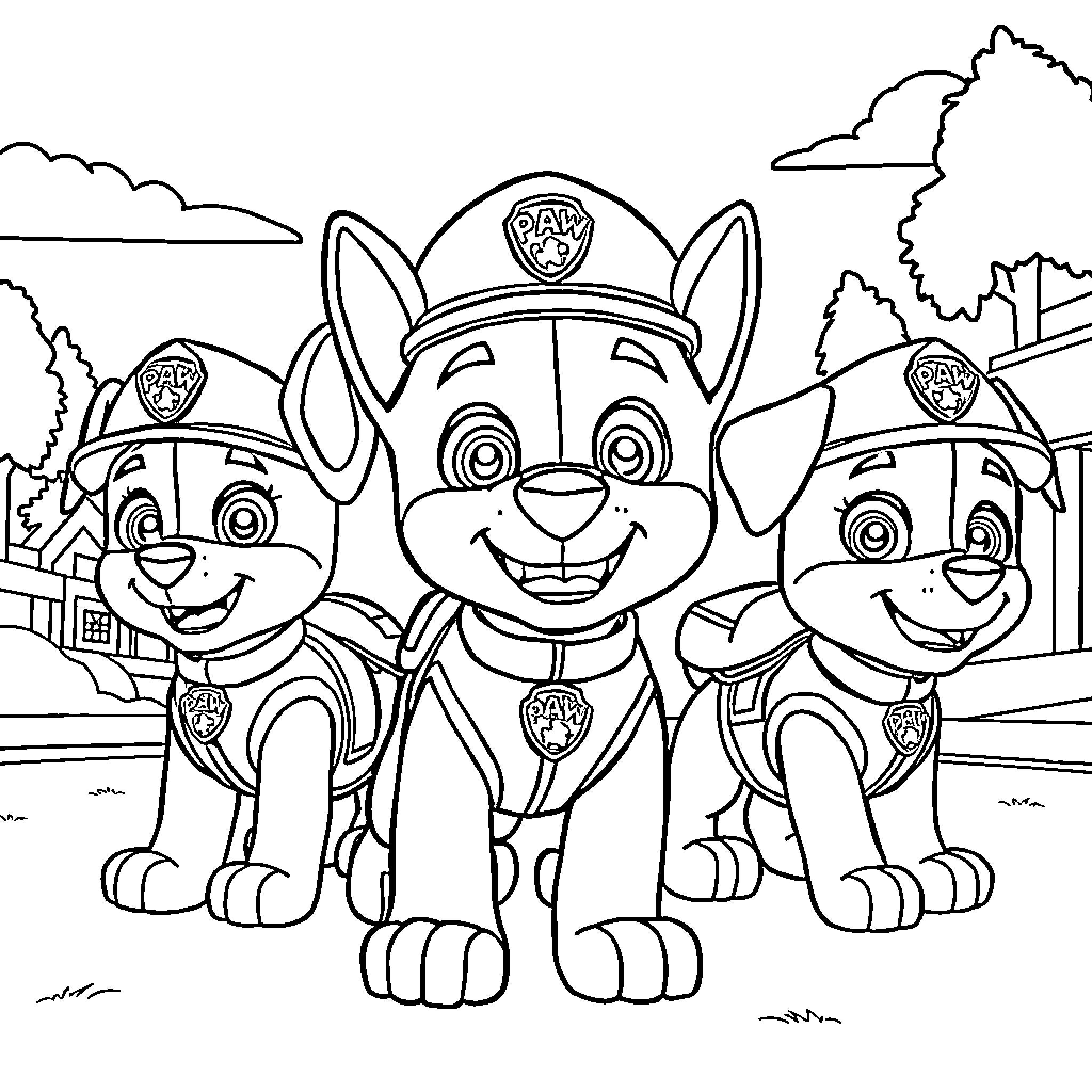 Paw Patrol heroes in action Coloring Page (free black-and-white line drawing printable PDF for all, from beginners to advanced learners, including children, teens, adults, and seniors)