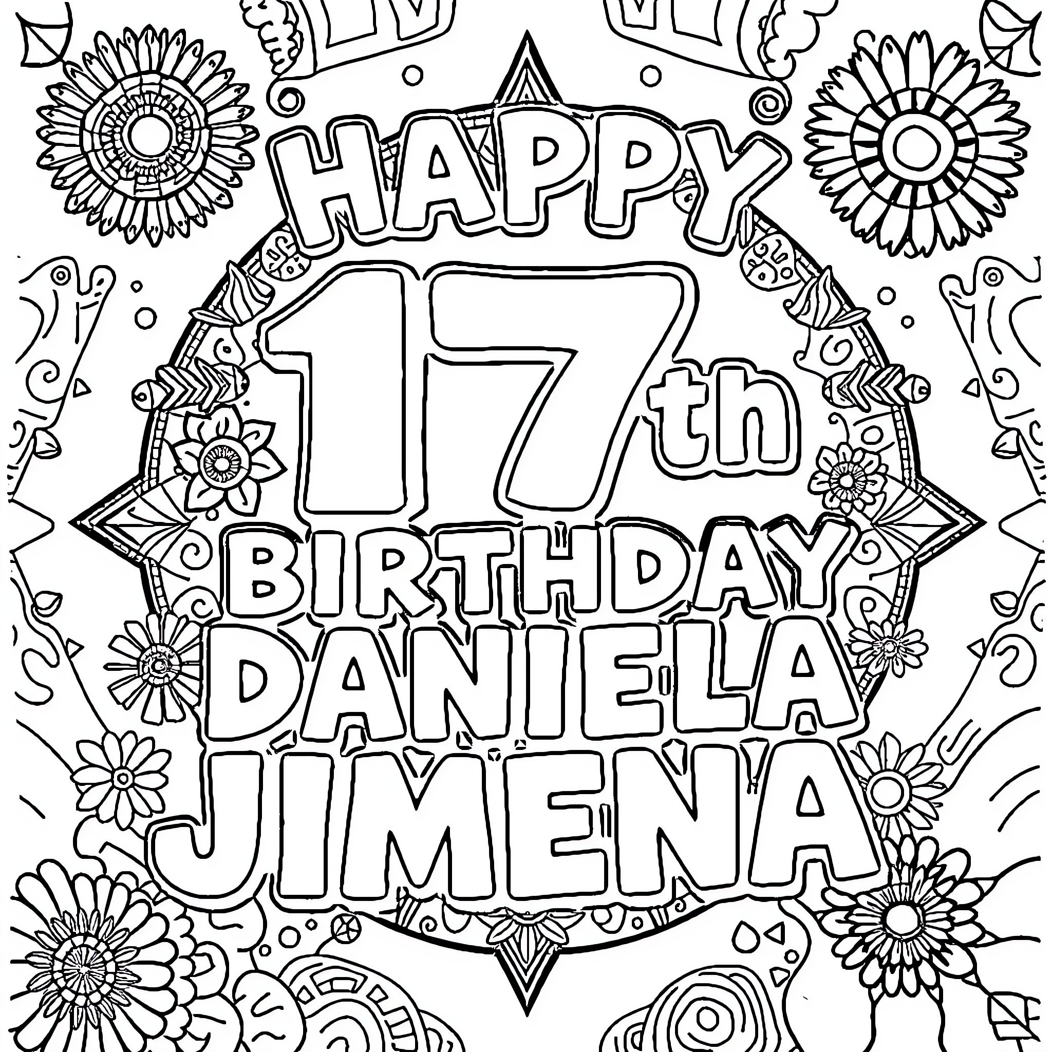 Birthday wishes for Daniela Jimena Coloring Page (free black-and-white line drawing printable PDF for all, from beginners to advanced learners, including children, teens, adults, and seniors)