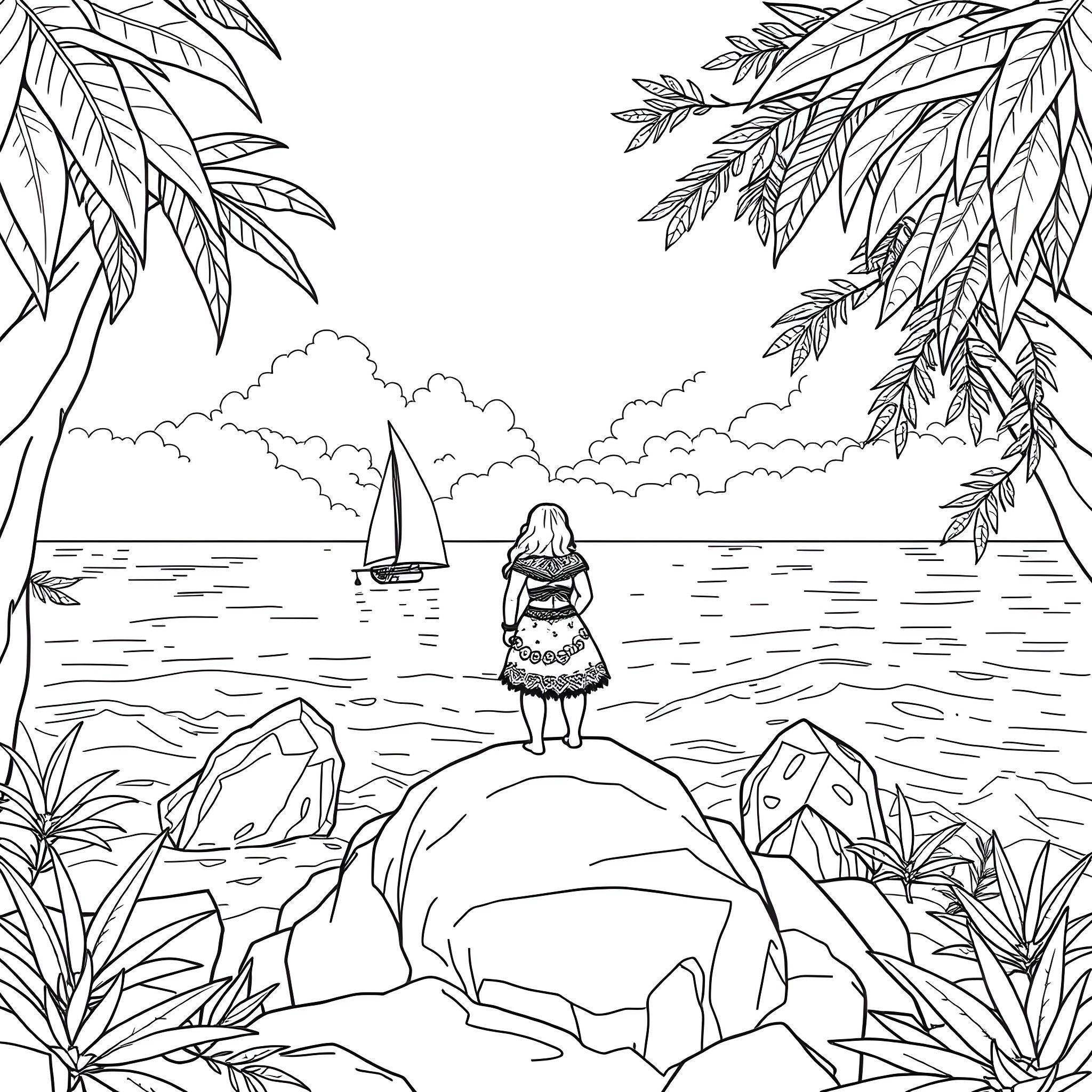 Moana enjoying the scenic beach with sailboat Coloring Page (free black-and-white line drawing printable PDF for all, from beginners to advanced learners, including children, teens, adults, and seniors)