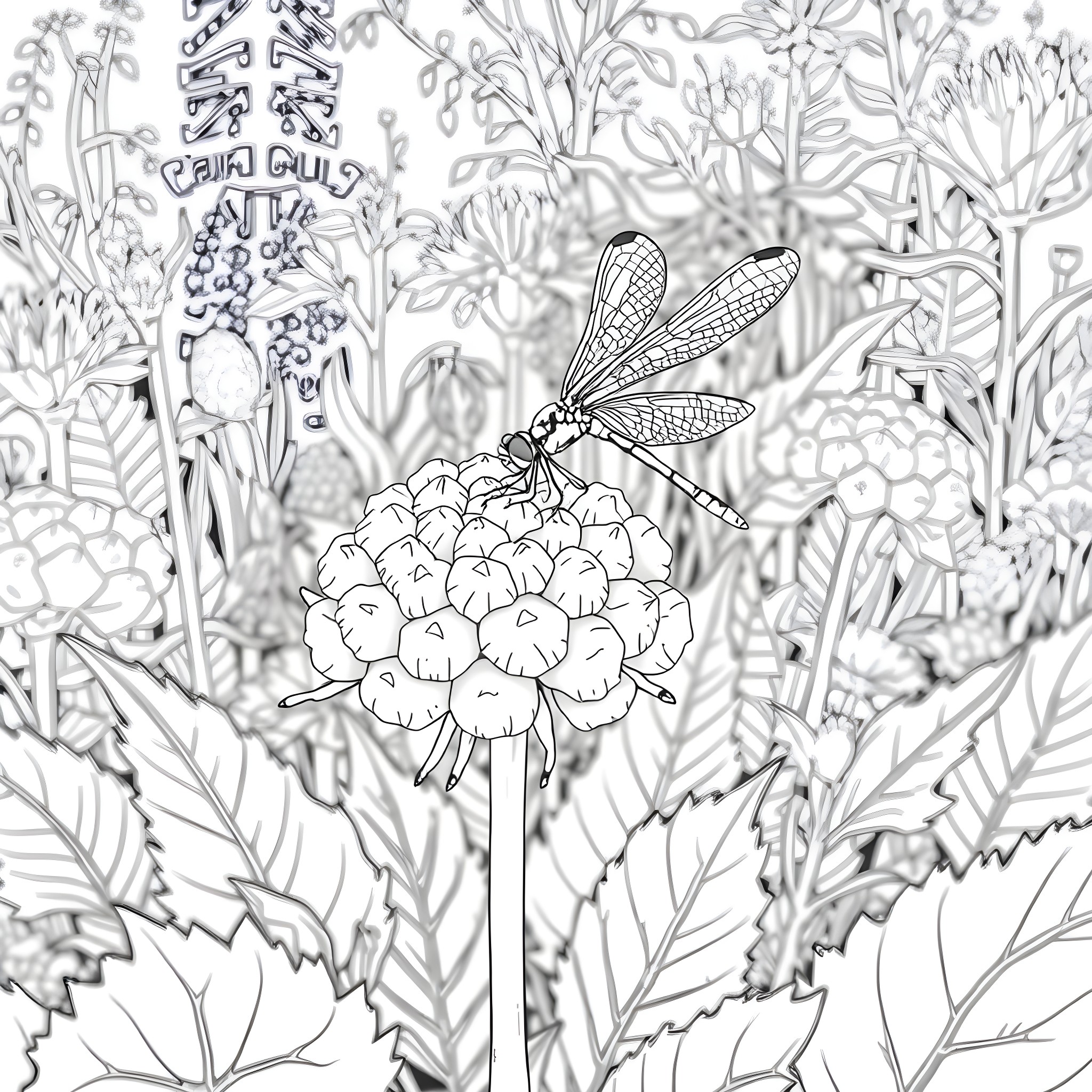 Dragonfly perched on a vibrant floral background Coloring Page (free black-and-white line drawing printable PDF for all, from beginners to advanced learners, including children, teens, adults, and seniors)