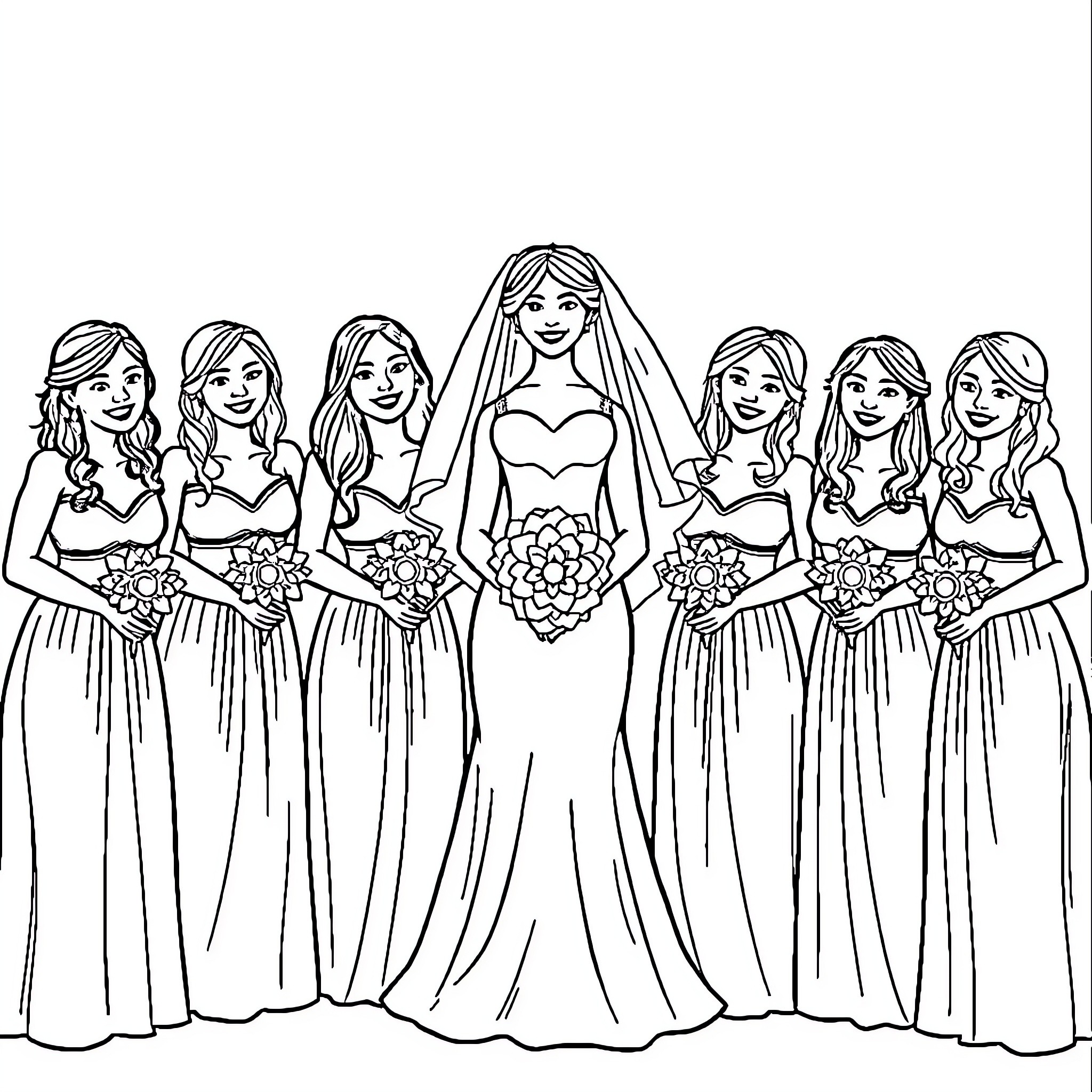 Bride and her bridesmaids in formal attire Coloring Page (free black-and-white line drawing printable PDF for all, from beginners to advanced learners, including children, teens, adults, and seniors)