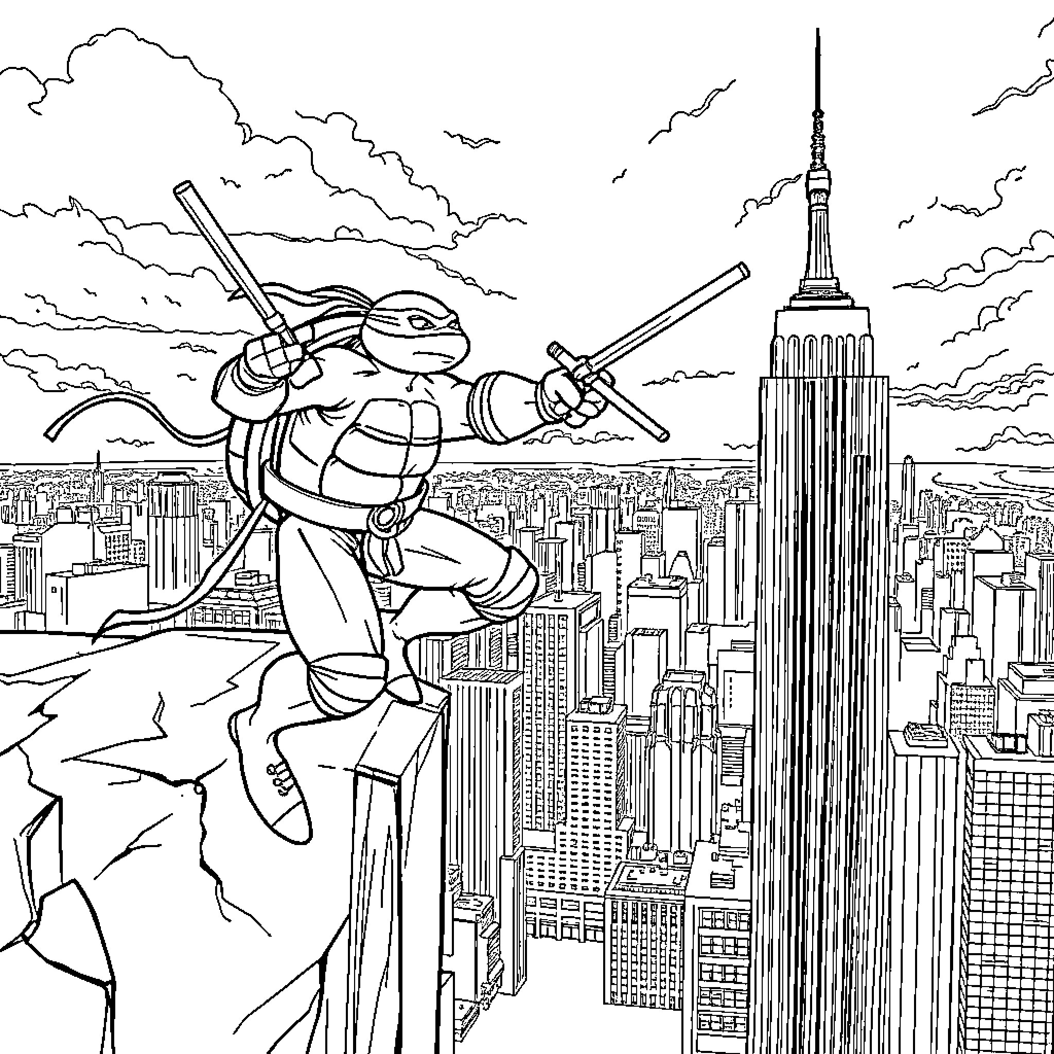 Ninja Turtle Soaring over Cityscape Coloring Page (free black-and-white line drawing printable PDF for all, from beginners to advanced learners, including children, teens, adults, and seniors)