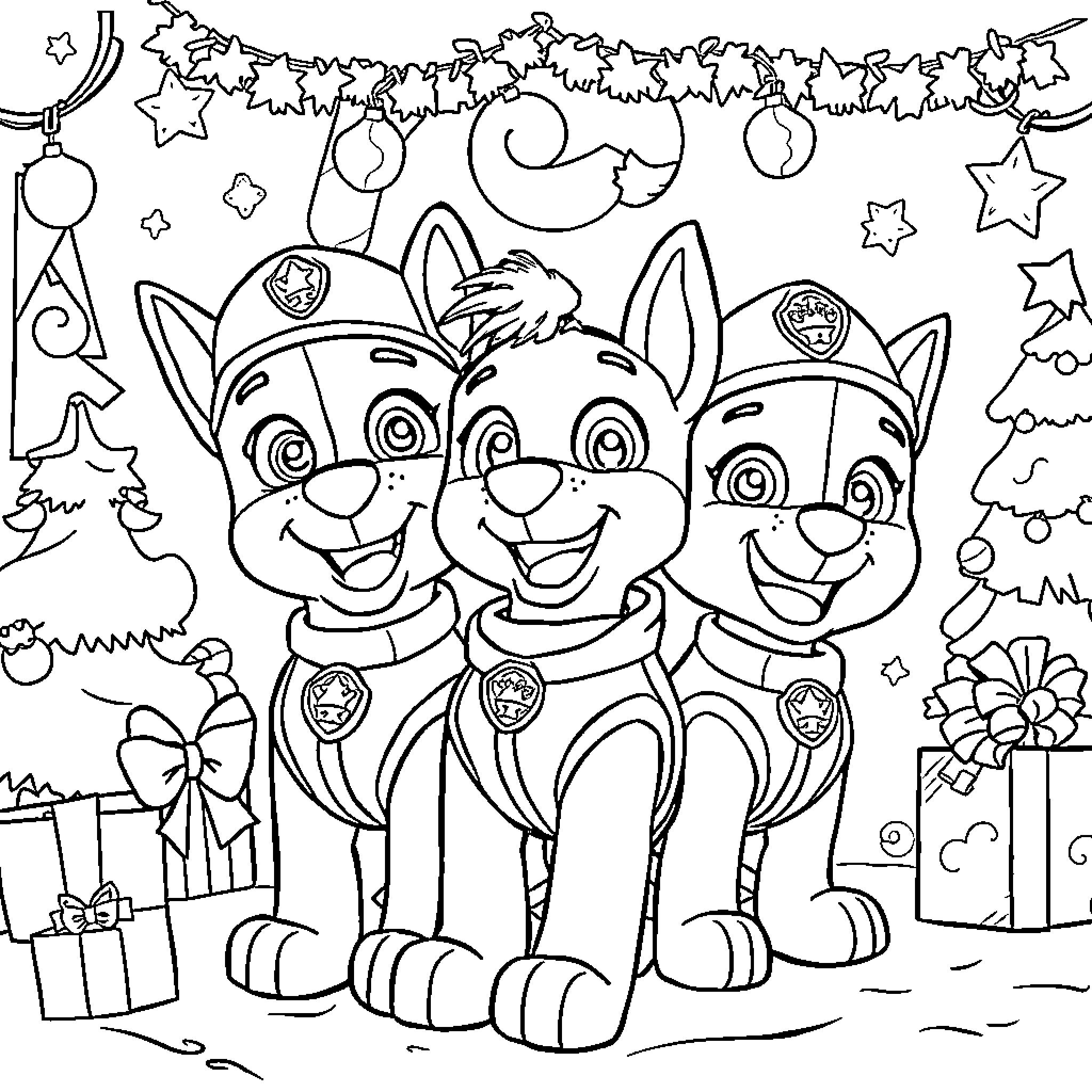 Paw Patrol Celebrating the Holidays with Joy Coloring Page (free black-and-white line drawing printable PDF for all, from beginners to advanced learners, including children, teens, adults, and seniors)