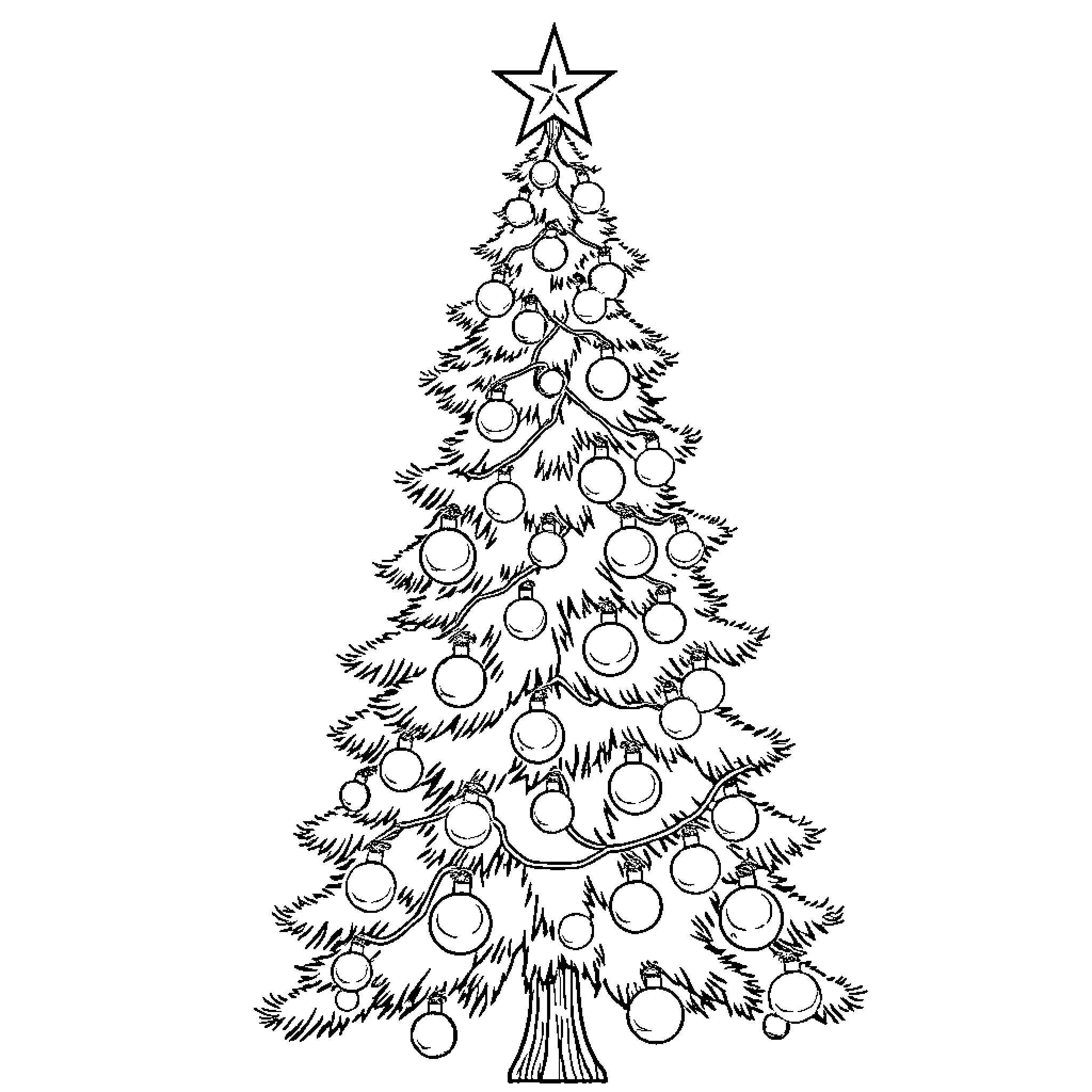Christmas Tree with Ornaments and Star Coloring Page (free black-and-white line drawing printable PDF for all, from beginners to advanced learners, including children, teens, adults, and seniors)
