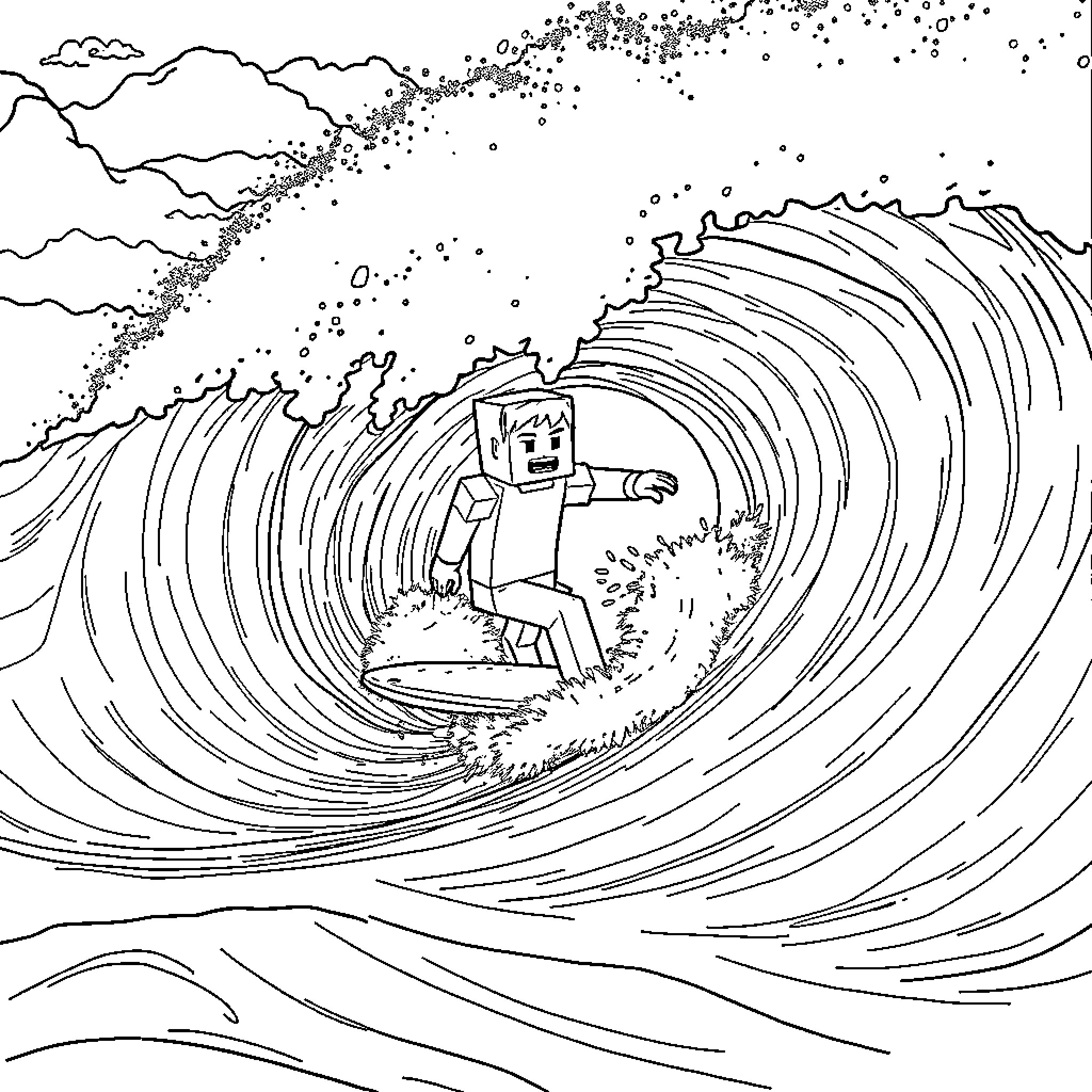 Minecraft character surfing giant wave Coloring Page (free black-and-white line drawing printable PDF for all, from beginners to advanced learners, including children, teens, adults, and seniors)